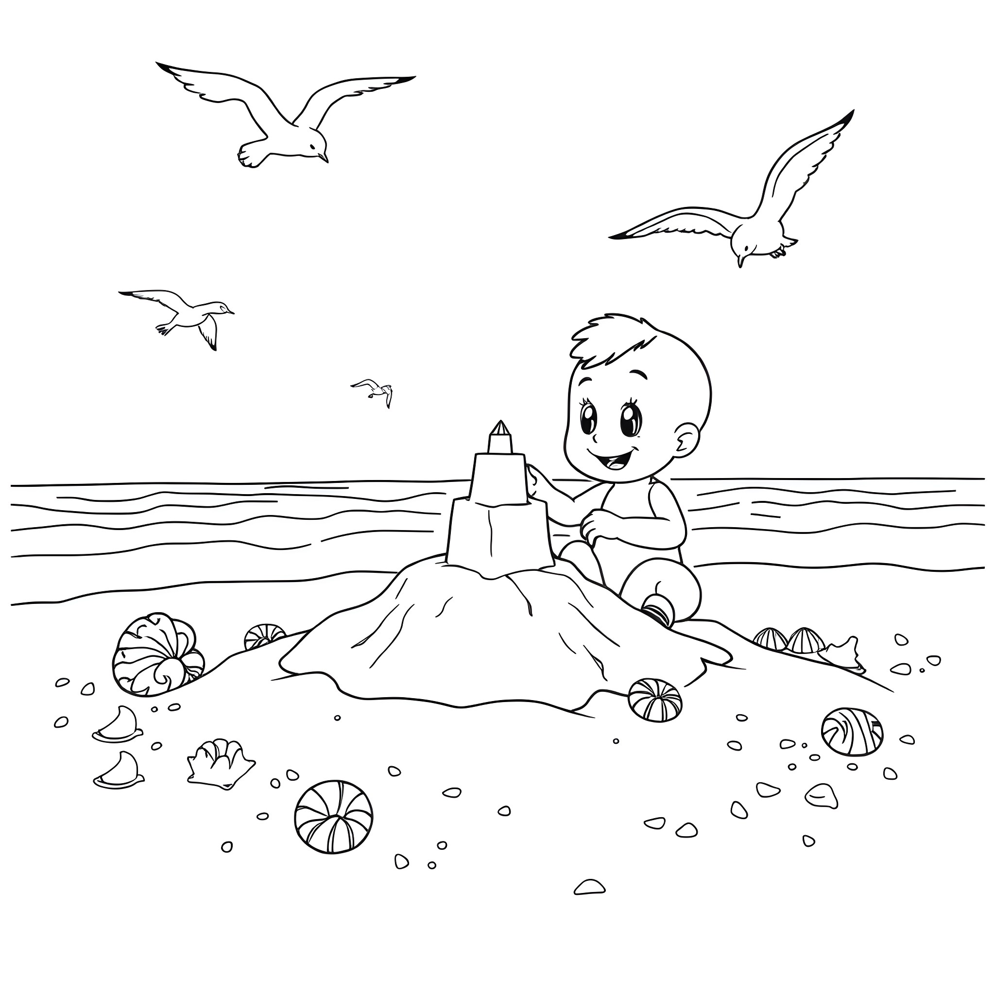 Bluey playing with sand castle by the beach Coloring Page (free black-and-white line drawing printable PDF for all, from beginners to advanced learners, including children, teens, adults, and seniors)