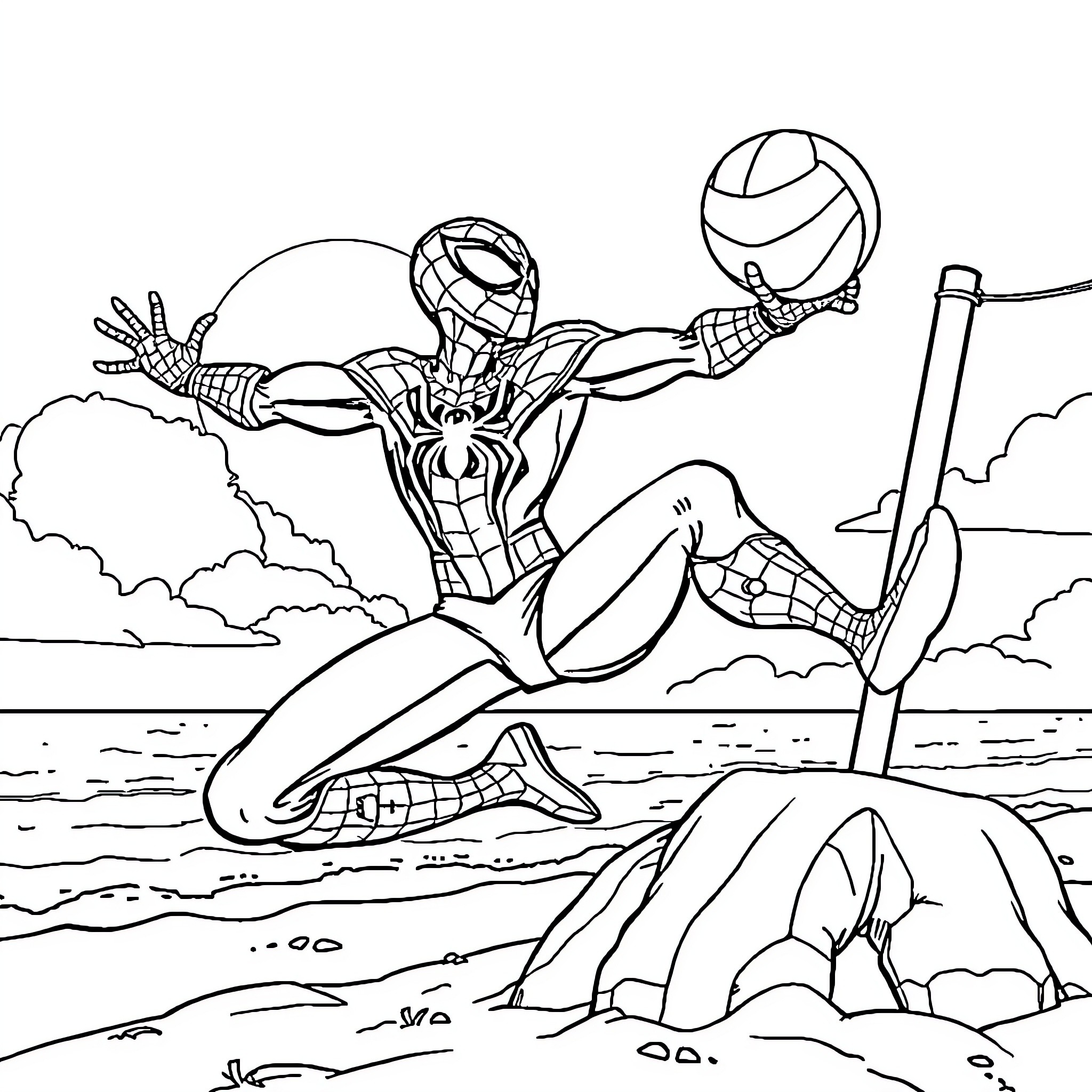 Spider-Man swinging high above the city Coloring Page (free black-and-white line drawing printable PDF for all, from beginners to advanced learners, including children, teens, adults, and seniors)