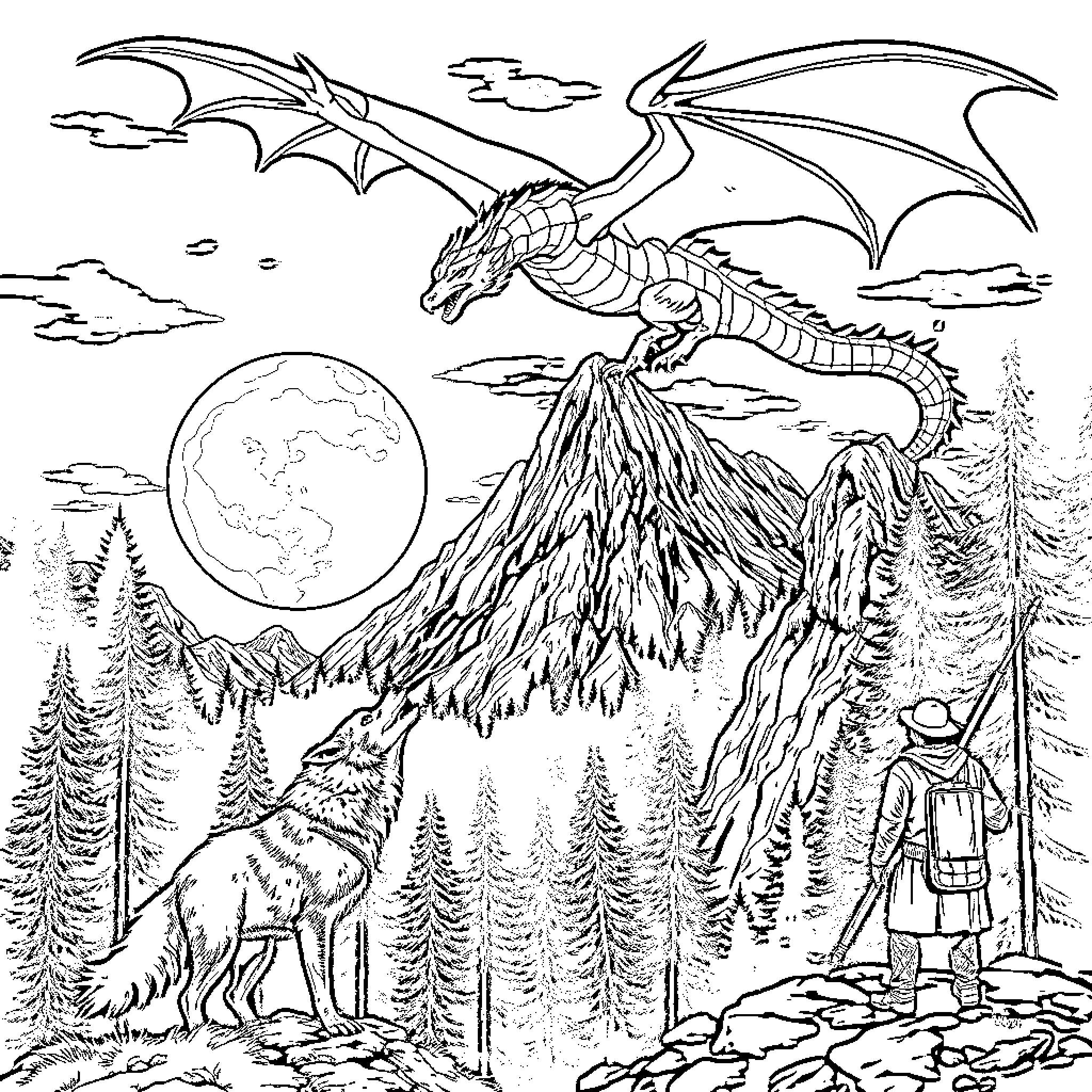 Dragon soaring over a majestic mountain landscape Coloring Page (free black-and-white line drawing printable PDF for all, from beginners to advanced learners, including children, teens, adults, and seniors)