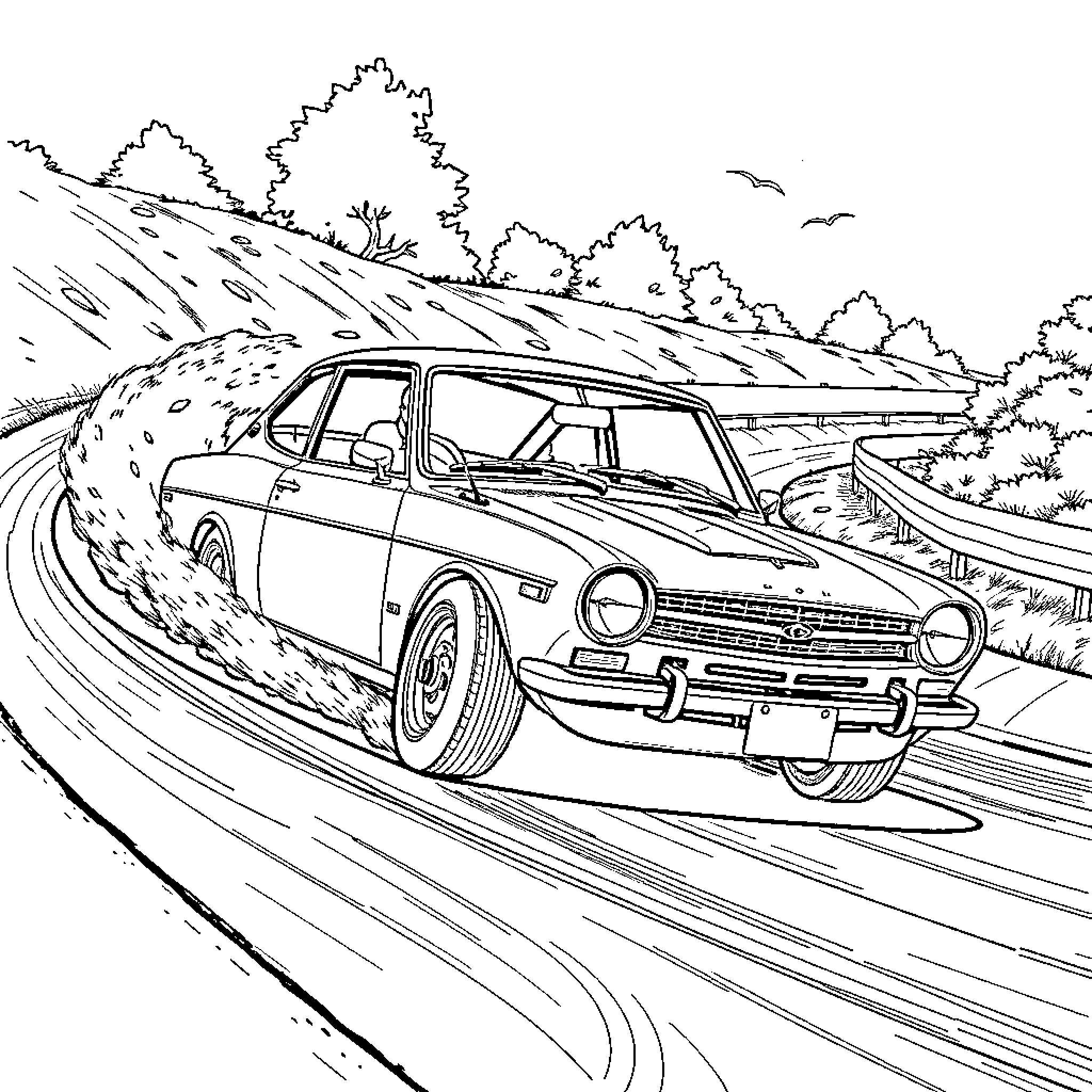 Datsun 510 racing through a winding road Coloring Page (free black-and-white line drawing printable PDF for all, from beginners to advanced learners, including children, teens, adults, and seniors)