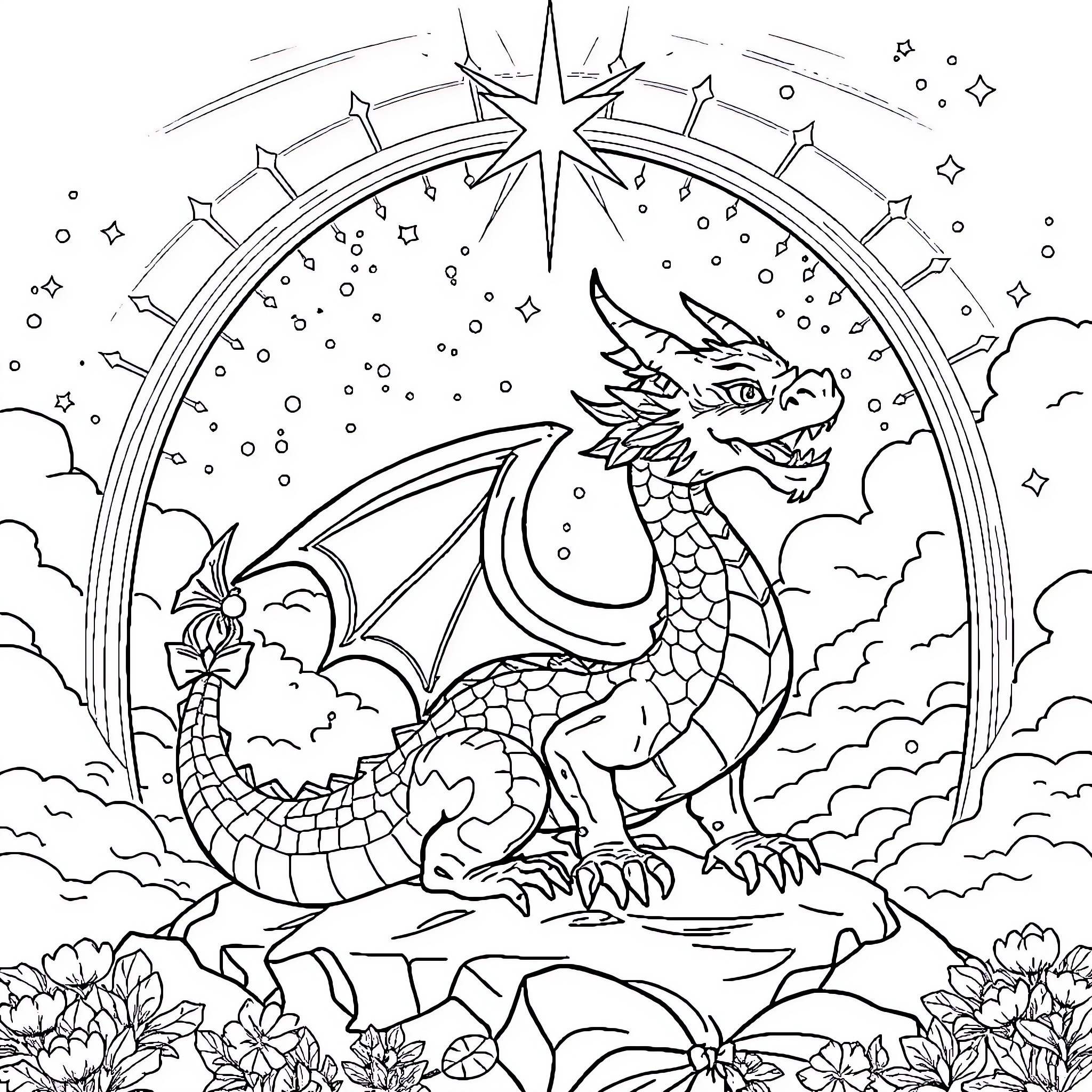 Dragon Soaring Through the Starry Night Sky Coloring Page (free black-and-white line drawing printable PDF for all, from beginners to advanced learners, including children, teens, adults, and seniors)