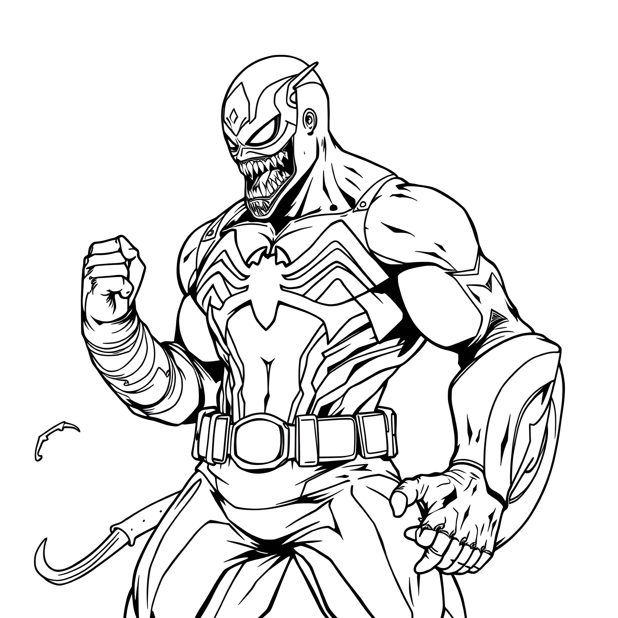 Captain Venom's Fierce Stance Coloring Page (free black-and-white line drawing printable PDF for all, from beginners to advanced learners, including children, teens, adults, and seniors)