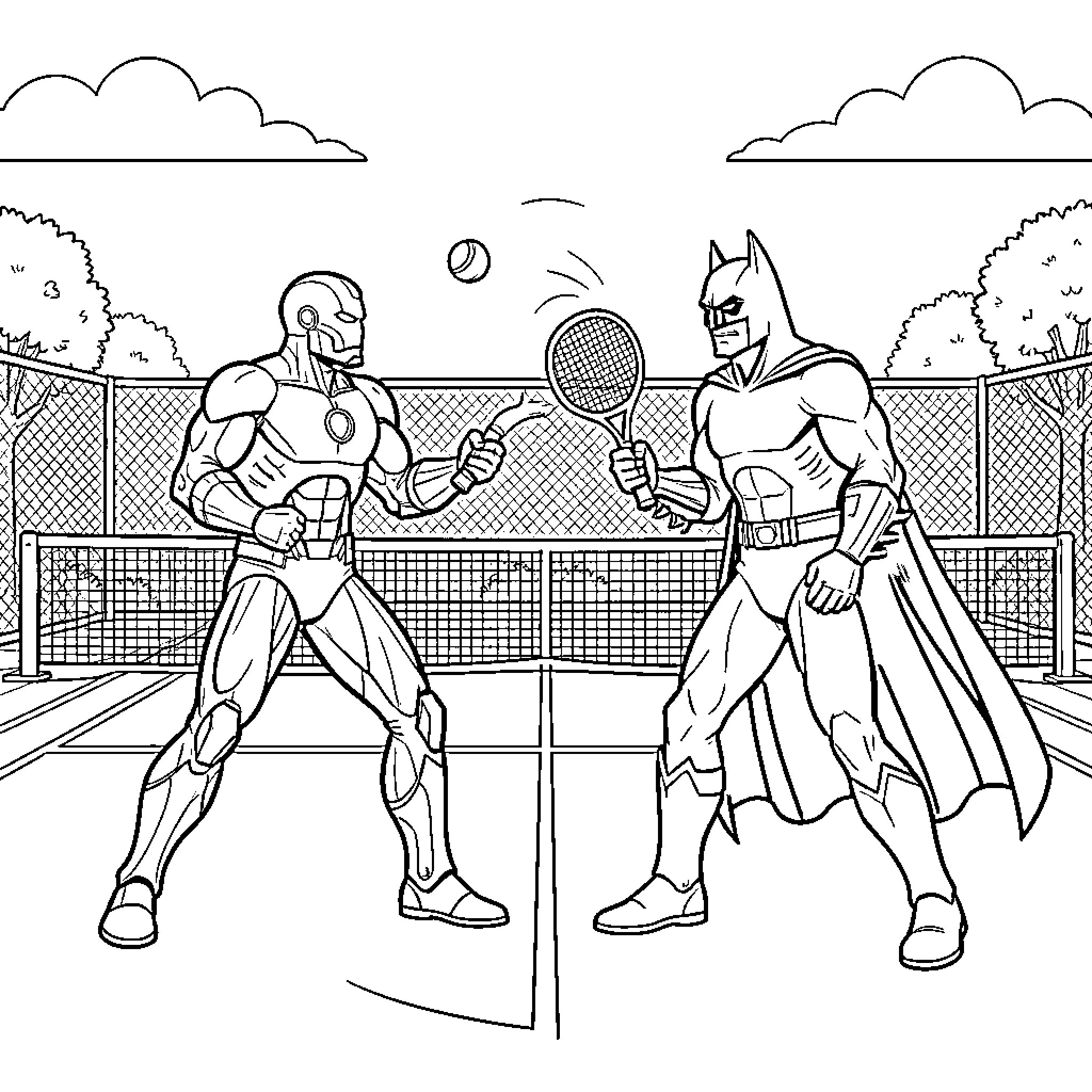 Ironman playing a competitive tennis match with Batman Coloring Page (free black-and-white line drawing printable PDF for all, from beginners to advanced learners, including children, teens, adults, and seniors)