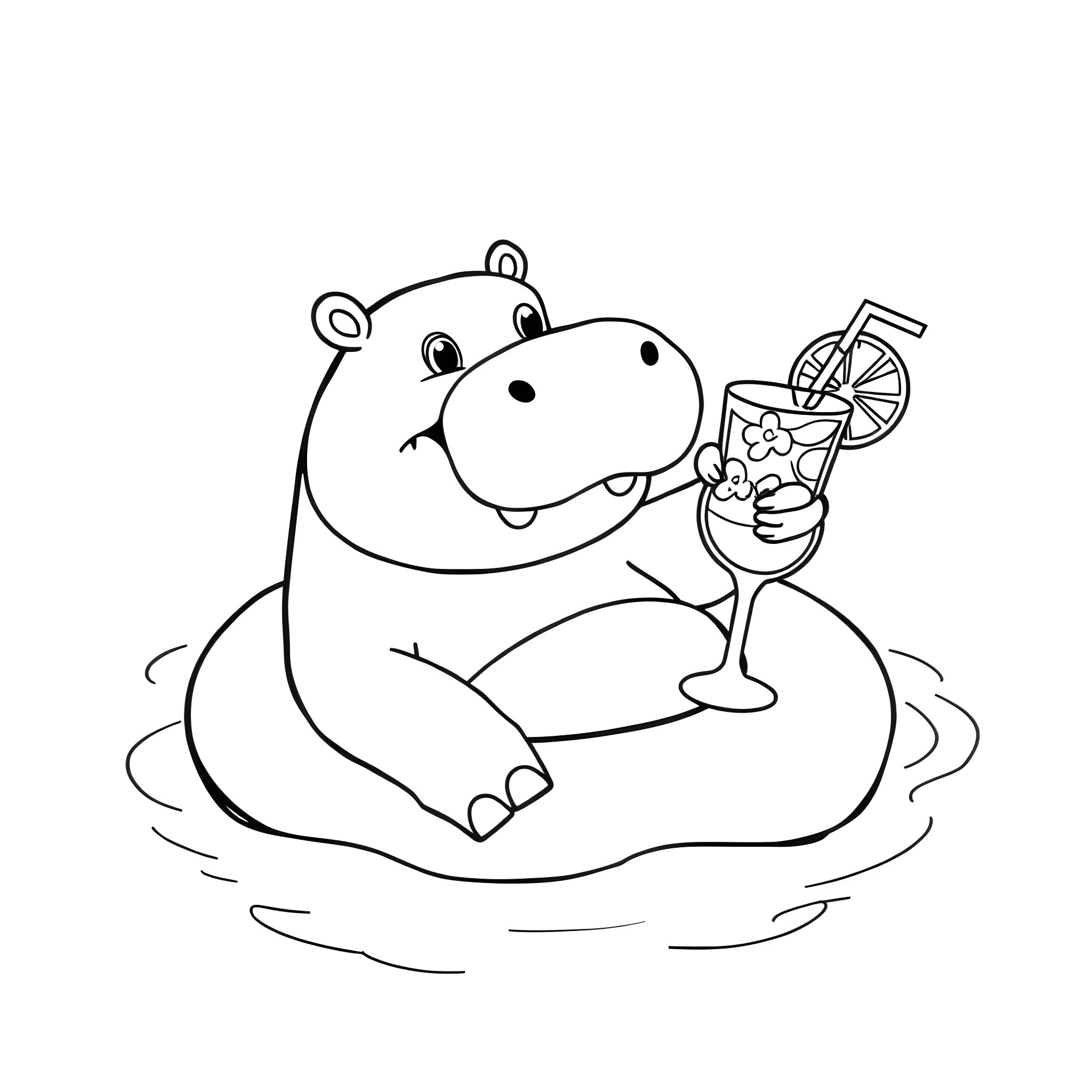 Hippo enjoying a refreshing beverage in the water Coloring Page (free black-and-white line drawing printable PDF for all, from beginners to advanced learners, including children, teens, adults, and seniors)