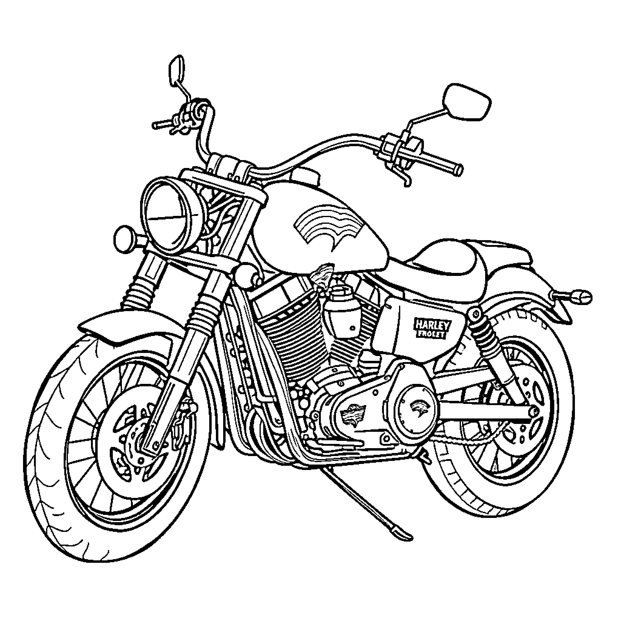 Harley Motorcycle in Outline Drawing Coloring Page (free black-and-white line drawing printable PDF for all, from beginners to advanced learners, including children, teens, adults, and seniors)
