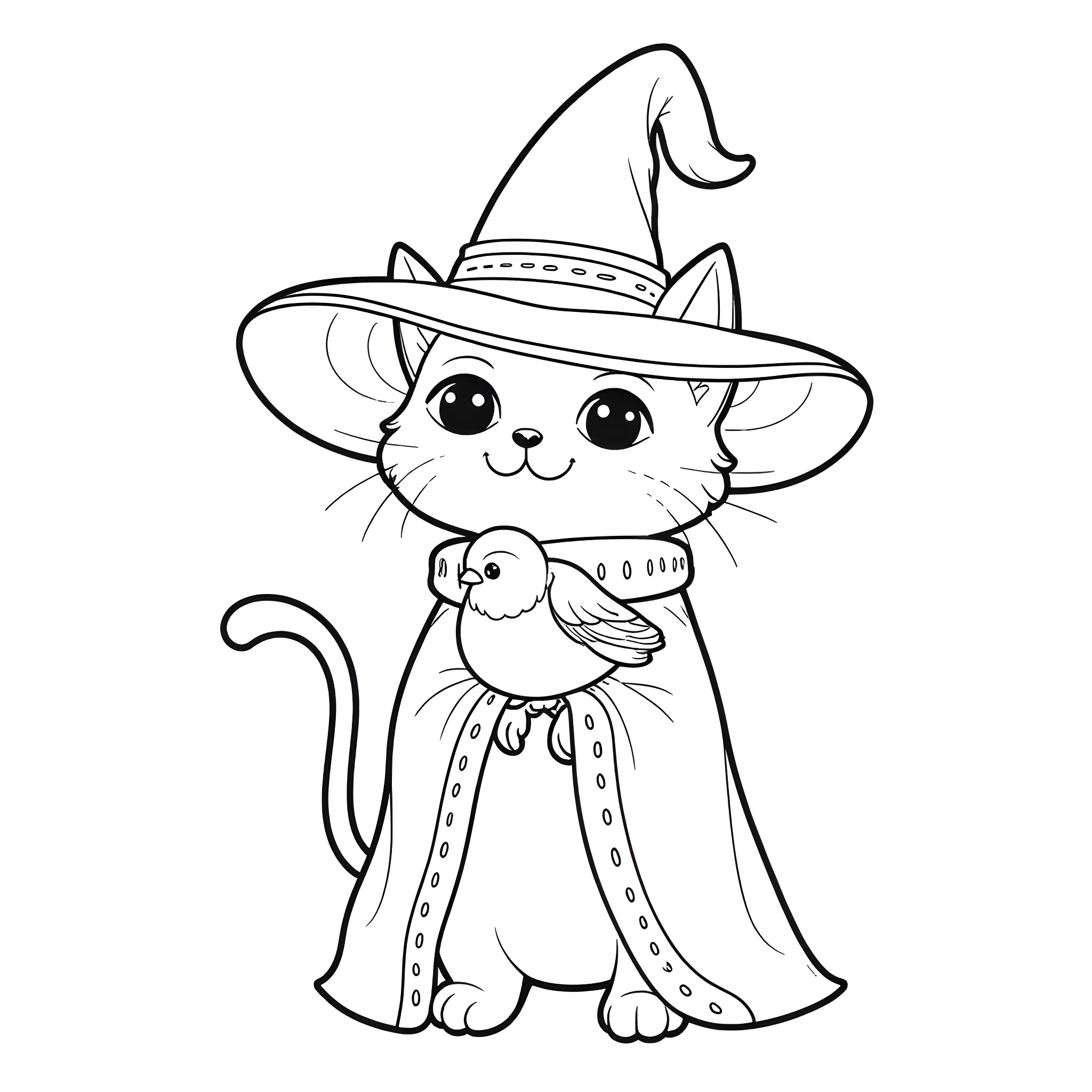 Cat dressed as a wizard with a familiar Coloring Page (free black-and-white line drawing printable PDF for all, from beginners to advanced learners, including children, teens, adults, and seniors)