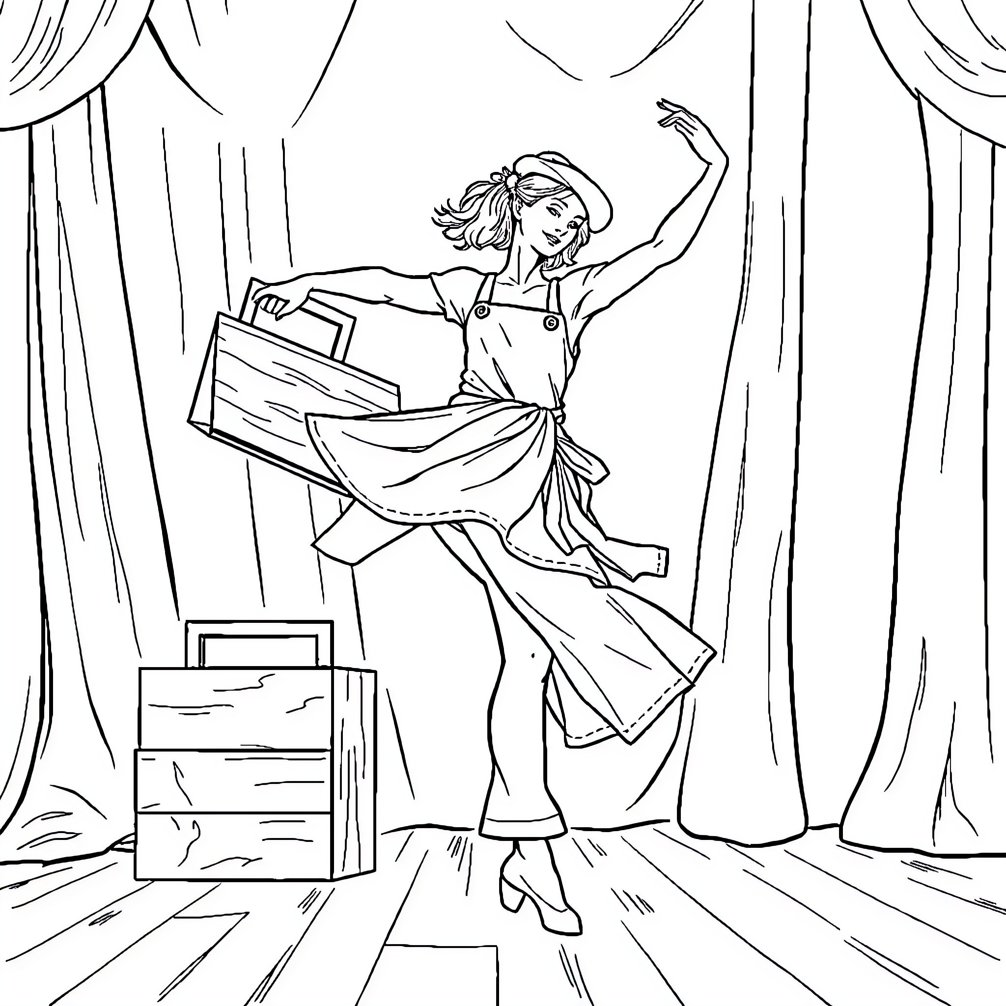 Dancer performing on stage with props Coloring Page (free black-and-white line drawing printable PDF for all, from beginners to advanced learners, including children, teens, adults, and seniors)
