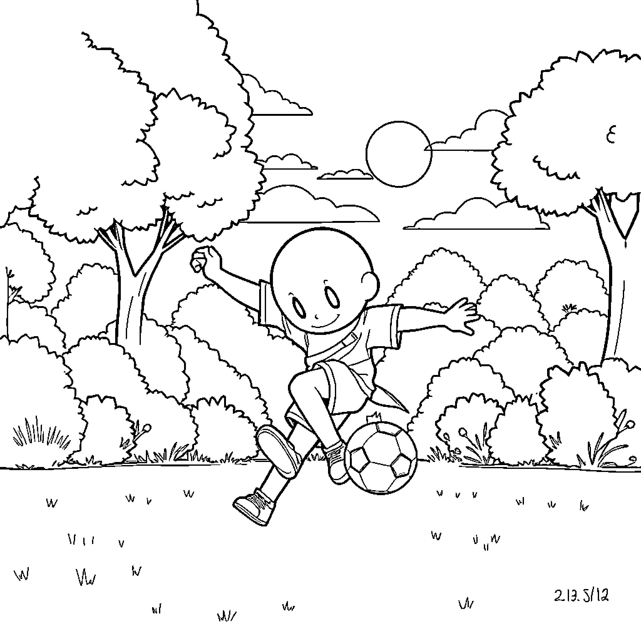 Sans Joyful Boy Playing Soccer in Scenic Landscape Coloring Page (free black-and-white line drawing printable PDF for all, from beginners to advanced learners, including children, teens, adults, and seniors)
