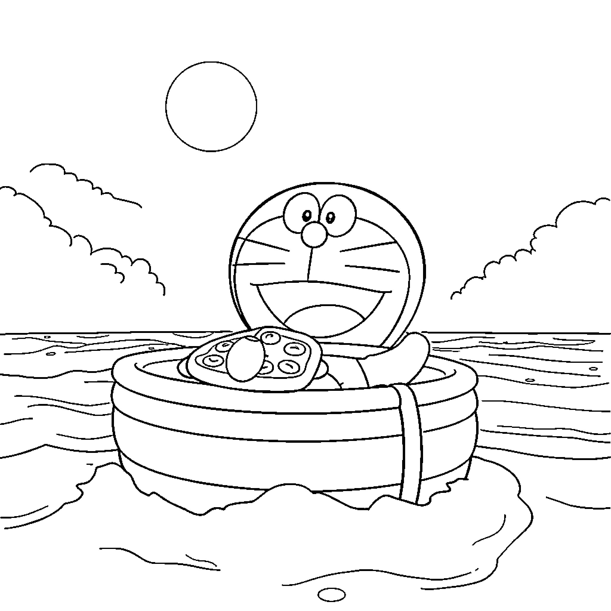 Doraemon enjoying a relaxing boat ride on the water Coloring Page (free black-and-white line drawing printable PDF for all, from beginners to advanced learners, including children, teens, adults, and seniors)
