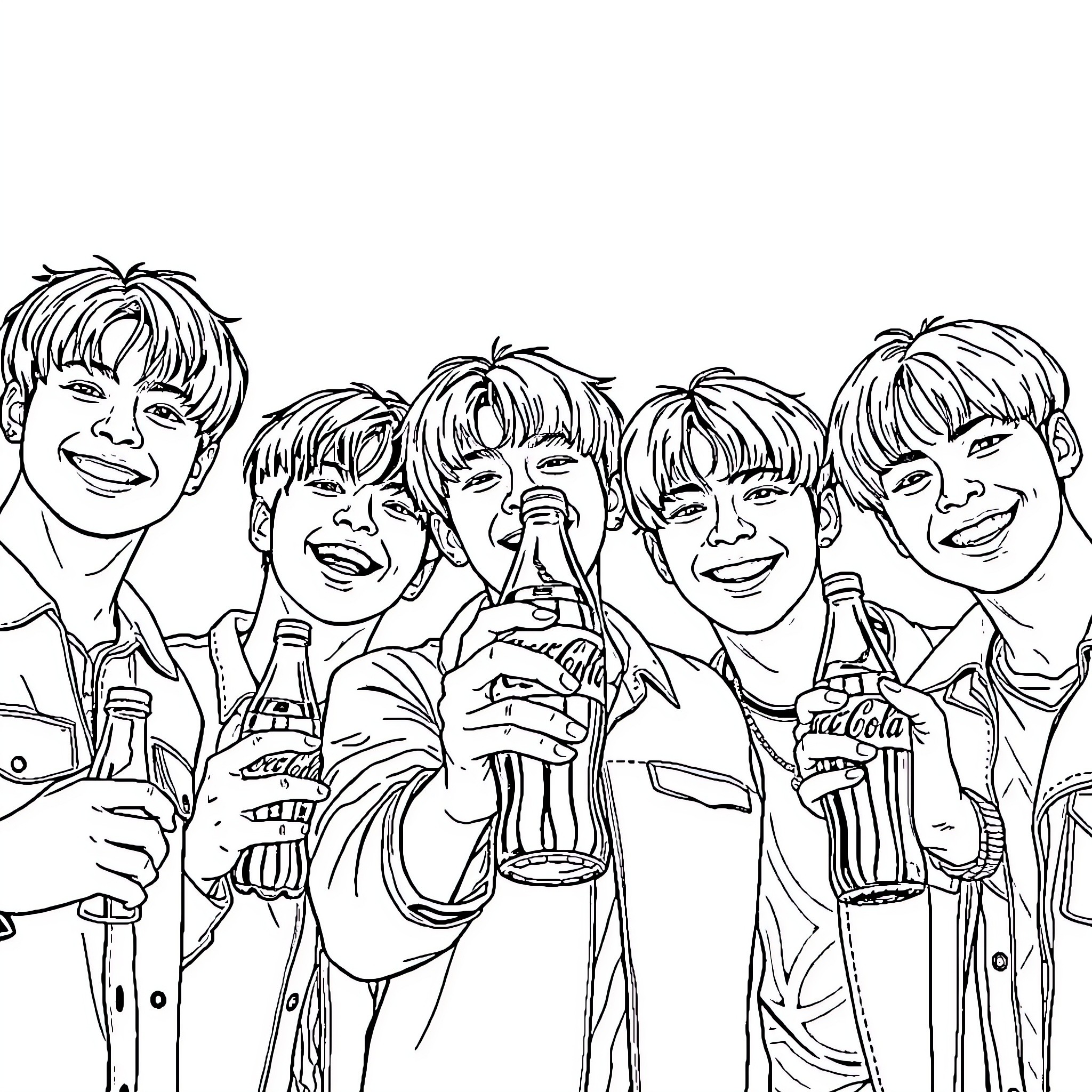 BTS Enjoying Refreshing Beverages Together Coloring Page (free black-and-white line drawing printable PDF for all, from beginners to advanced learners, including children, teens, adults, and seniors)