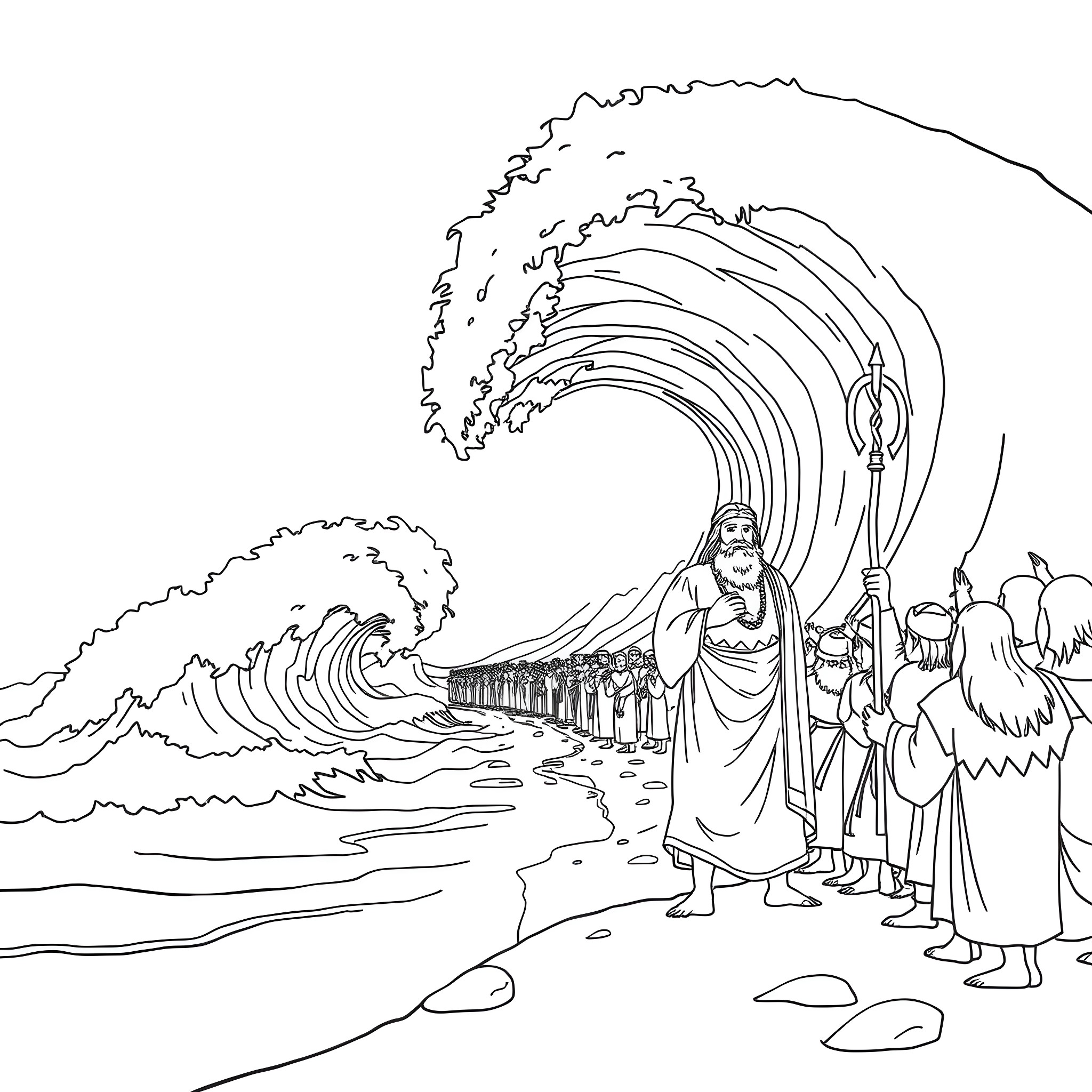 Moses parting the Red Sea with his people following Coloring Page (free black-and-white line drawing printable PDF for all, from beginners to advanced learners, including children, teens, adults, and seniors)