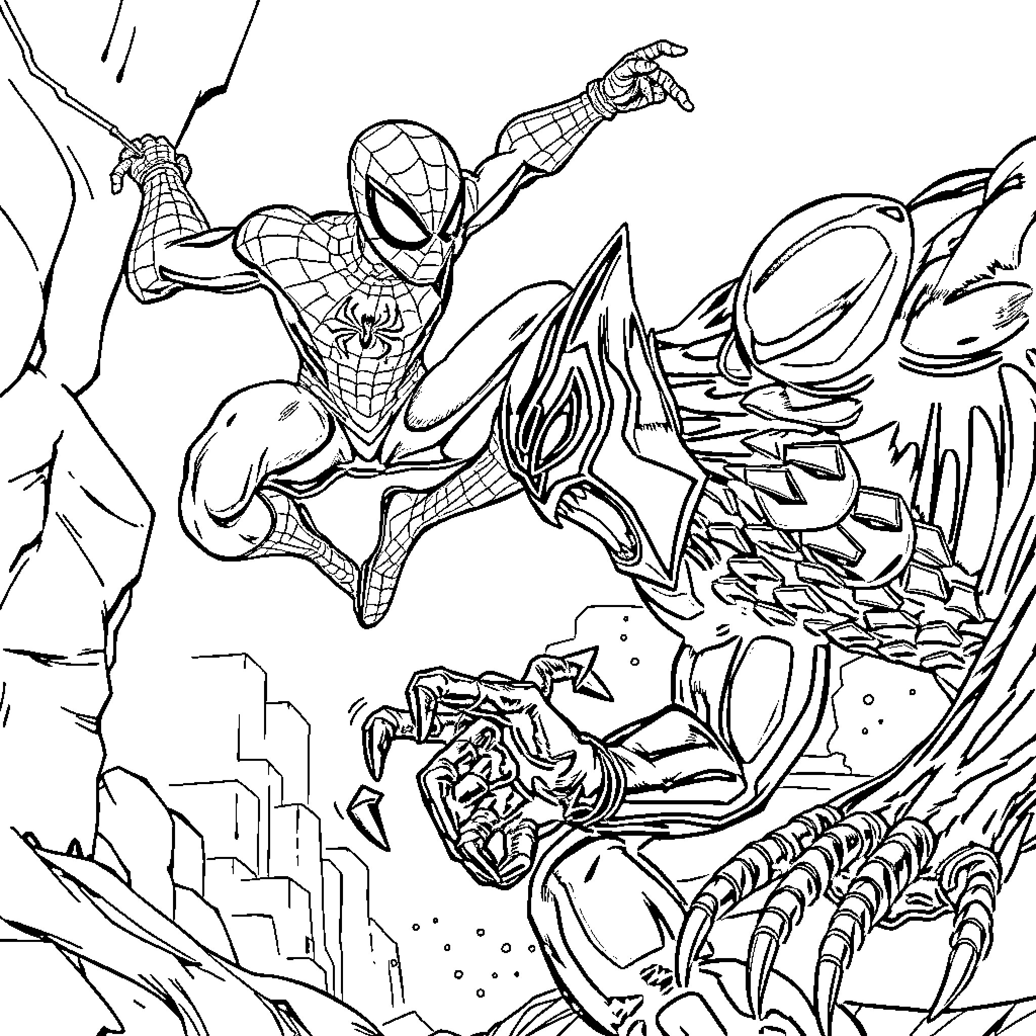 Spider-Man battles a giant creature in the city Coloring Page (free black-and-white line drawing printable PDF for all, from beginners to advanced learners, including children, teens, adults, and seniors)