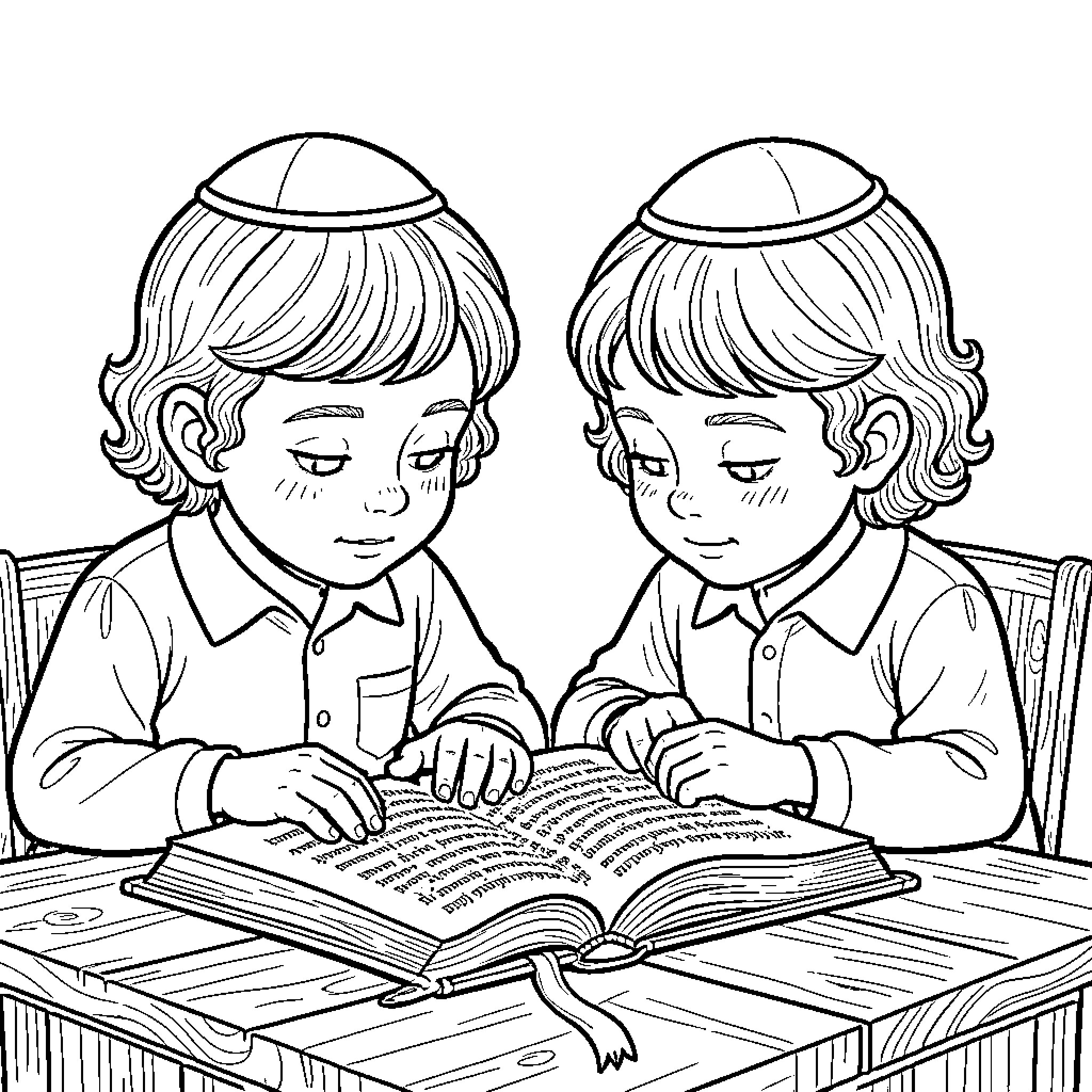 Child students reading a large book together Coloring Page (free black-and-white line drawing printable PDF for all, from beginners to advanced learners, including children, teens, adults, and seniors)