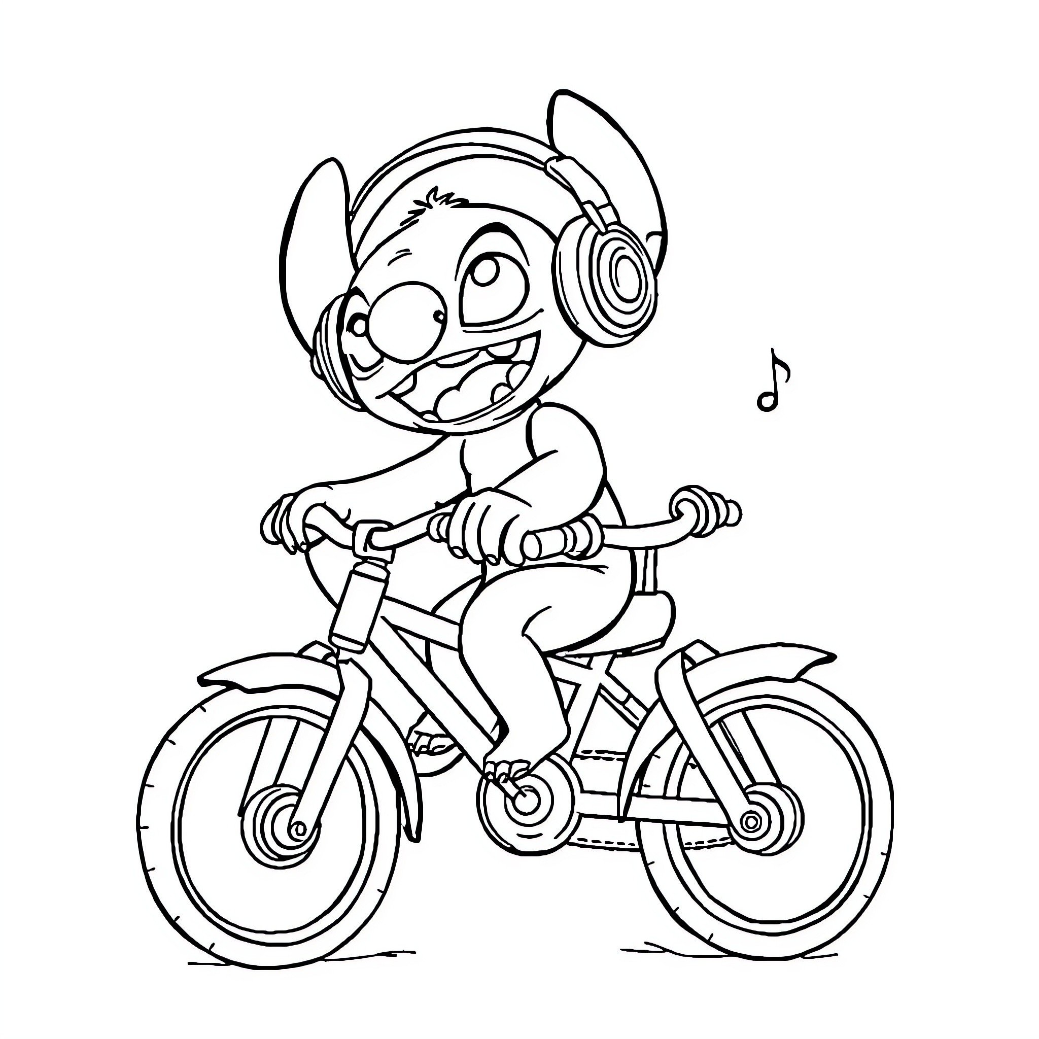 Stitch riding a bicycle and listening to music Coloring Page (free black-and-white line drawing printable PDF for all, from beginners to advanced learners, including children, teens, adults, and seniors)