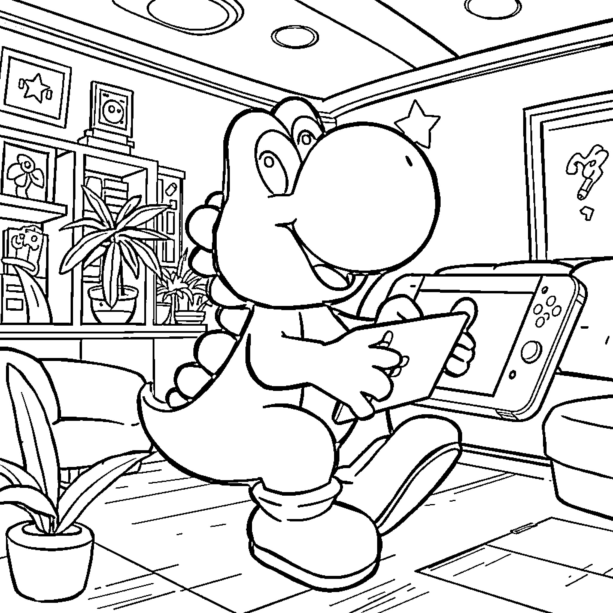 Yoshi playing games with video controller Coloring Page (free black-and-white line drawing printable PDF for all, from beginners to advanced learners, including children, teens, adults, and seniors)