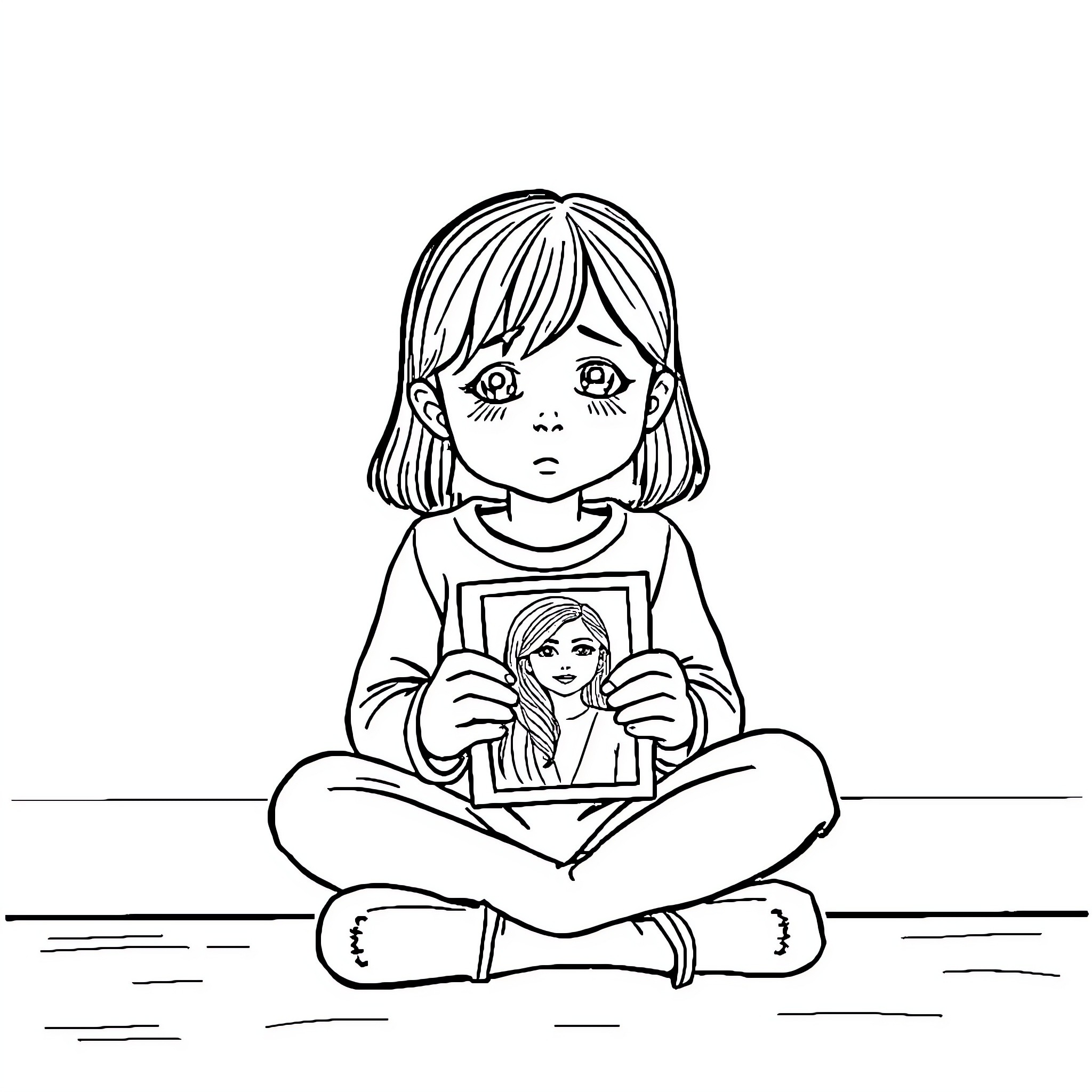 Daughter holding her favorite doll Coloring Page (free black-and-white line drawing printable PDF for all, from beginners to advanced learners, including children, teens, adults, and seniors)