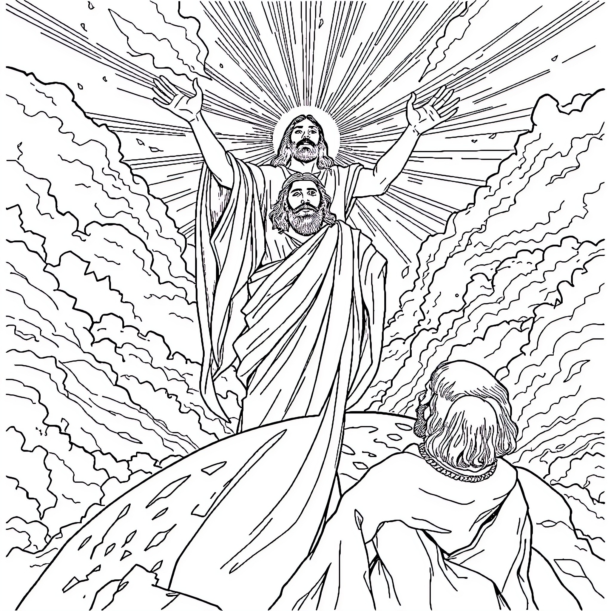 Yahusha's Ascension in Glory Coloring Page (free black-and-white line drawing printable PDF for all, from beginners to advanced learners, including children, teens, adults, and seniors)