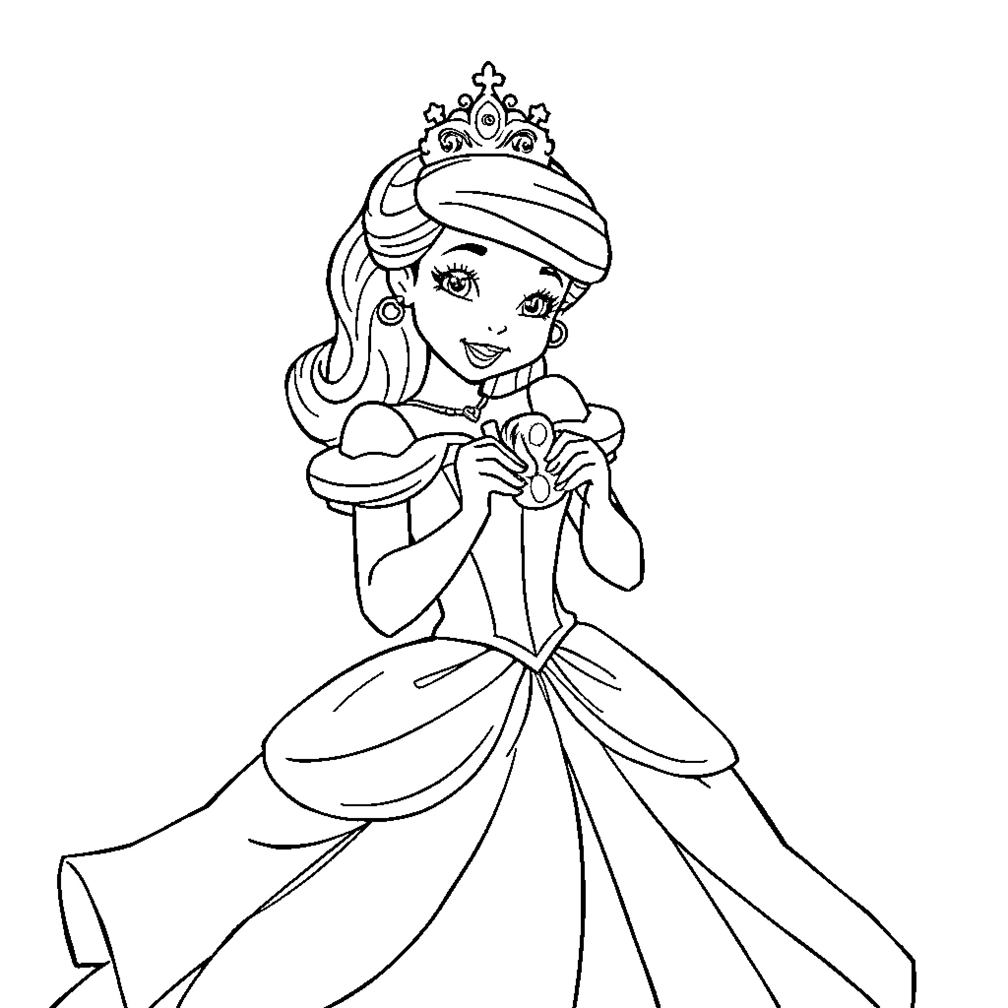 Princess in Elegant Gown Posing Gracefully Coloring Page (free black-and-white line drawing printable PDF for all, from beginners to advanced learners, including children, teens, adults, and seniors)