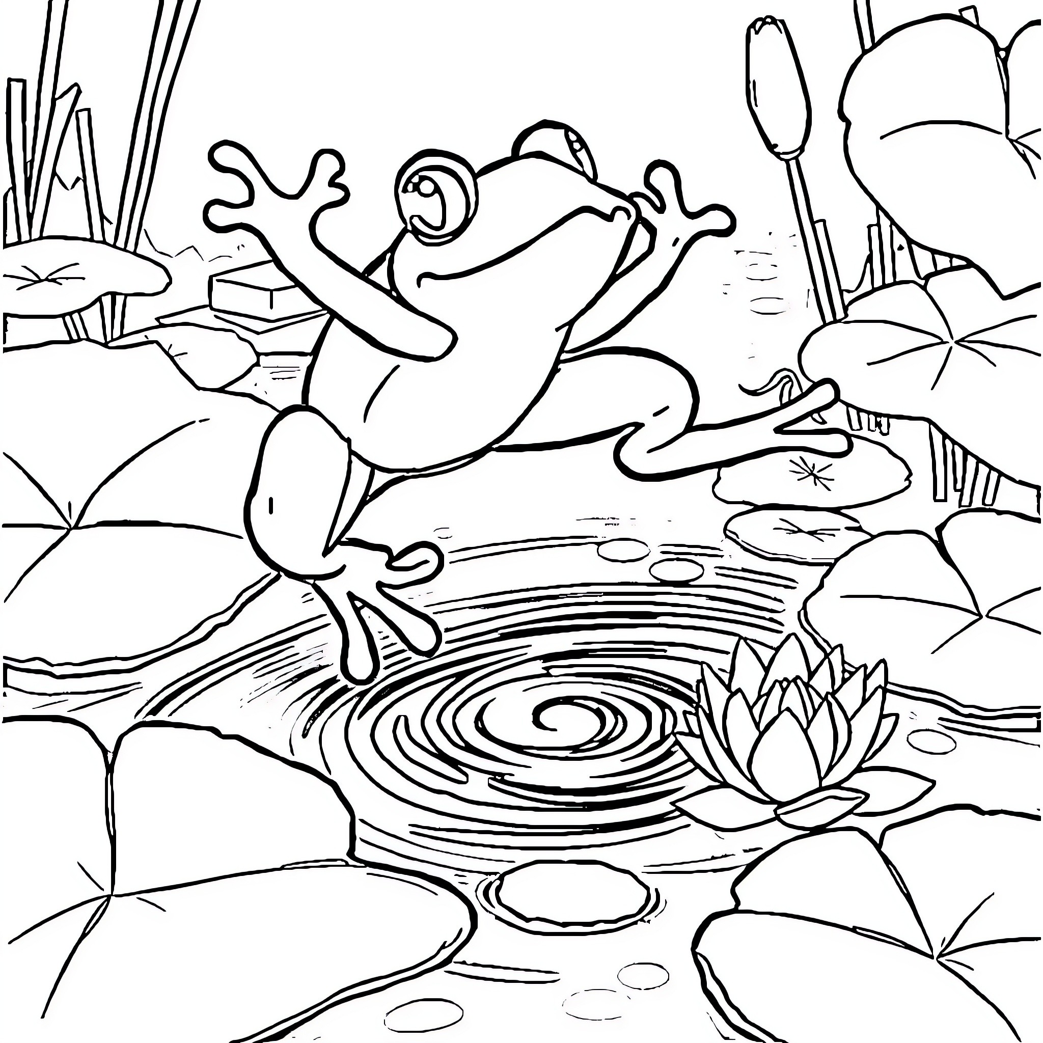 Frog jumping merrily on water lilies Coloring Page (free black-and-white line drawing printable PDF for all, from beginners to advanced learners, including children, teens, adults, and seniors)