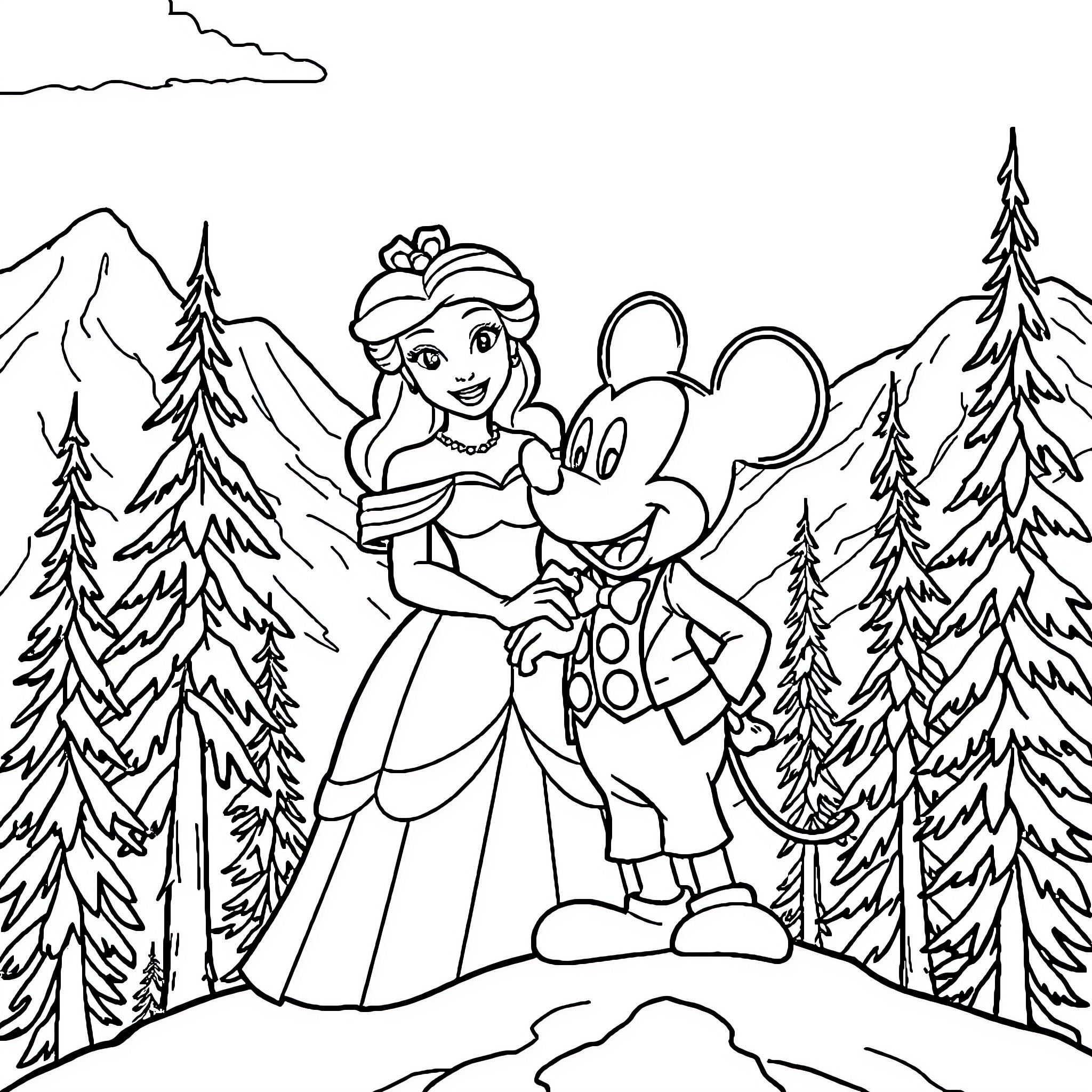 Belle's Winter Adventure with a Friendly Creature Coloring Page (free black-and-white line drawing printable PDF for all, from beginners to advanced learners, including children, teens, adults, and seniors)