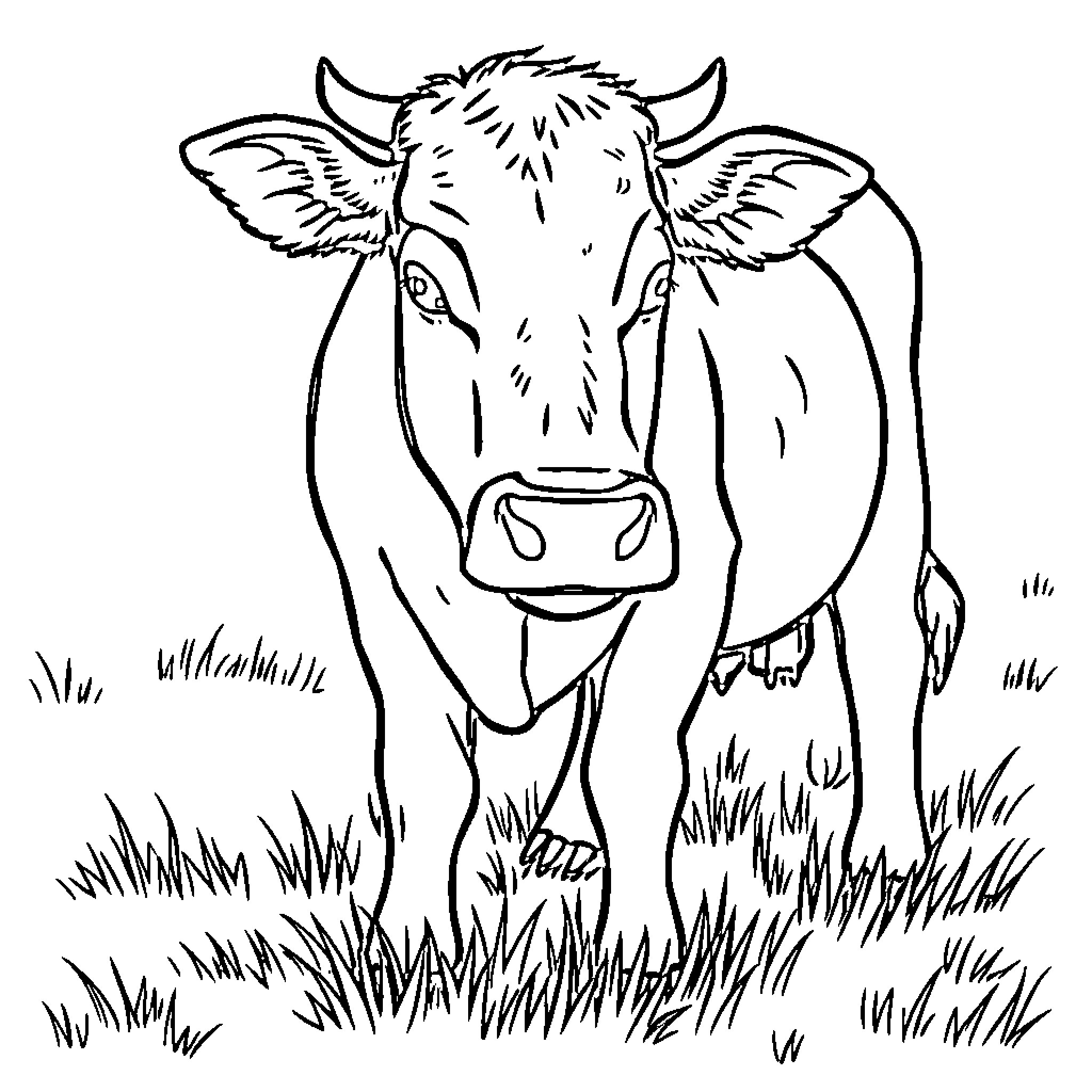 Cow standing in grassy field Coloring Page (free black-and-white line drawing printable PDF for all, from beginners to advanced learners, including children, teens, adults, and seniors)