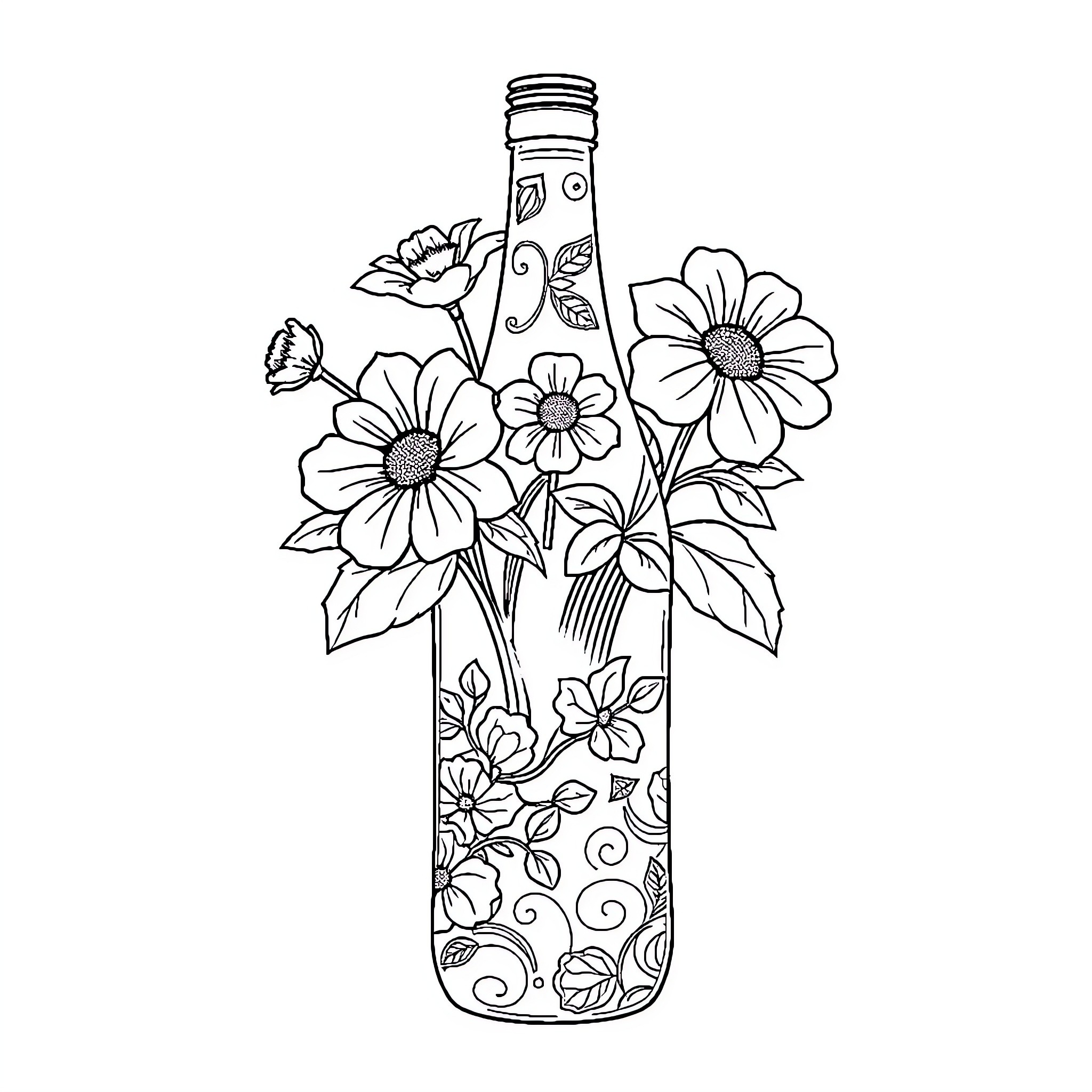 Bottle adorned with floral patterns and designs Coloring Page (free black-and-white line drawing printable PDF for all, from beginners to advanced learners, including children, teens, adults, and seniors)
