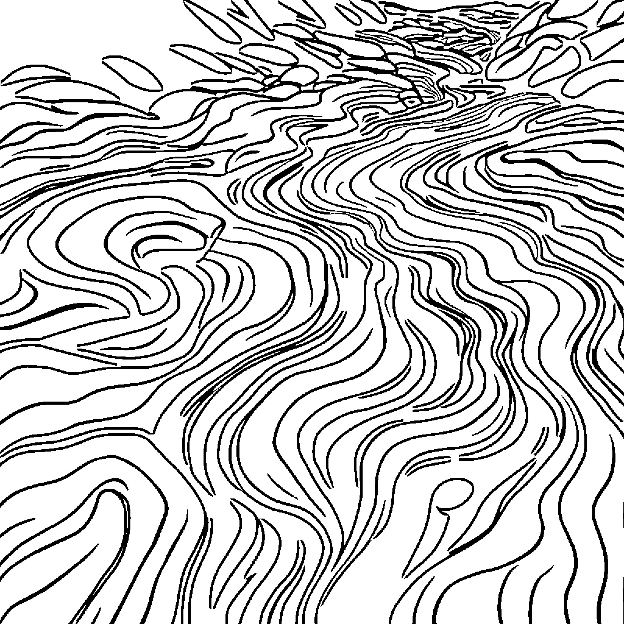River flowing through winding landscape Coloring Page (free black-and-white line drawing printable PDF for all, from beginners to advanced learners, including children, teens, adults, and seniors)