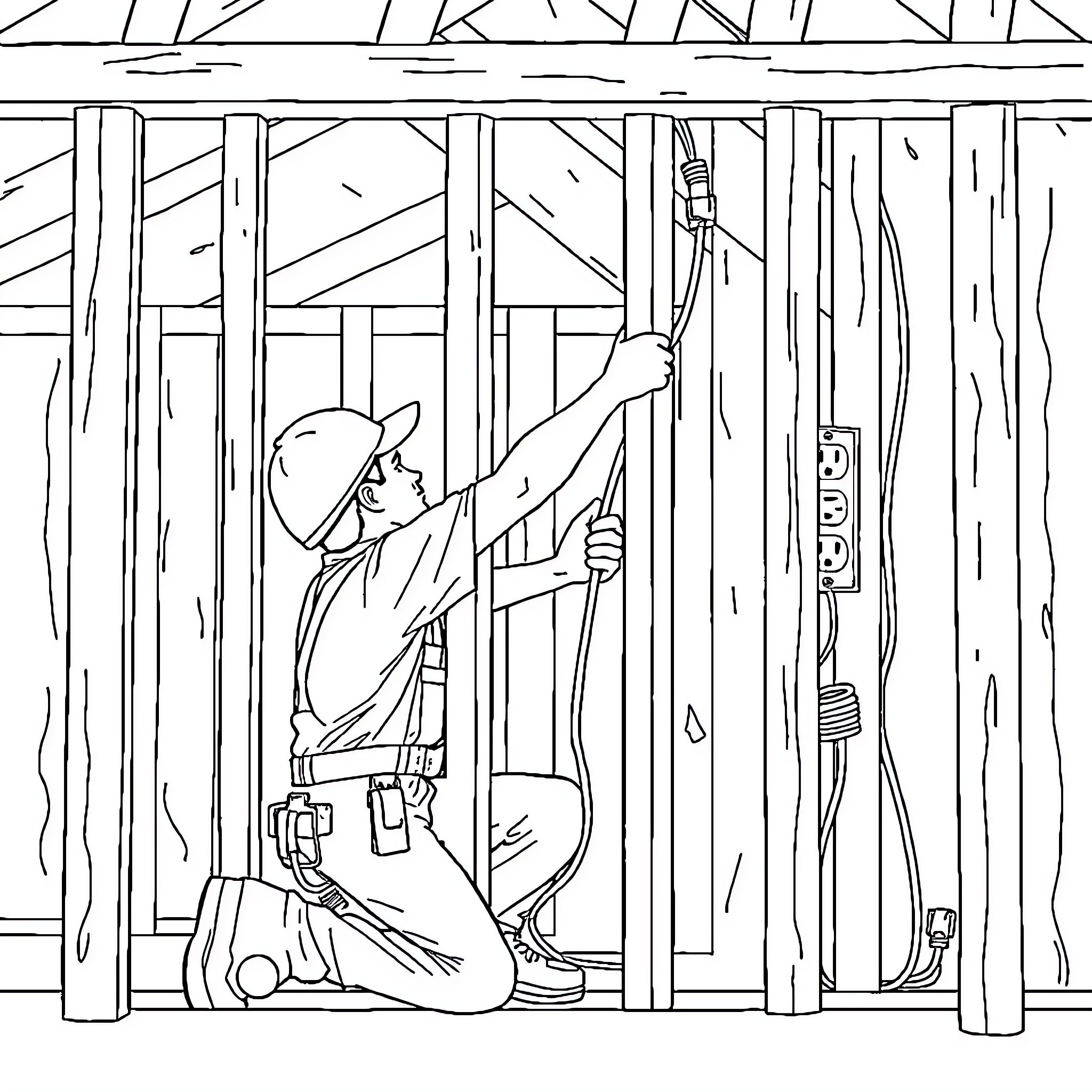 Electrician inspecting wiring in a construction site Coloring Page (free black-and-white line drawing printable PDF for all, from beginners to advanced learners, including children, teens, adults, and seniors)