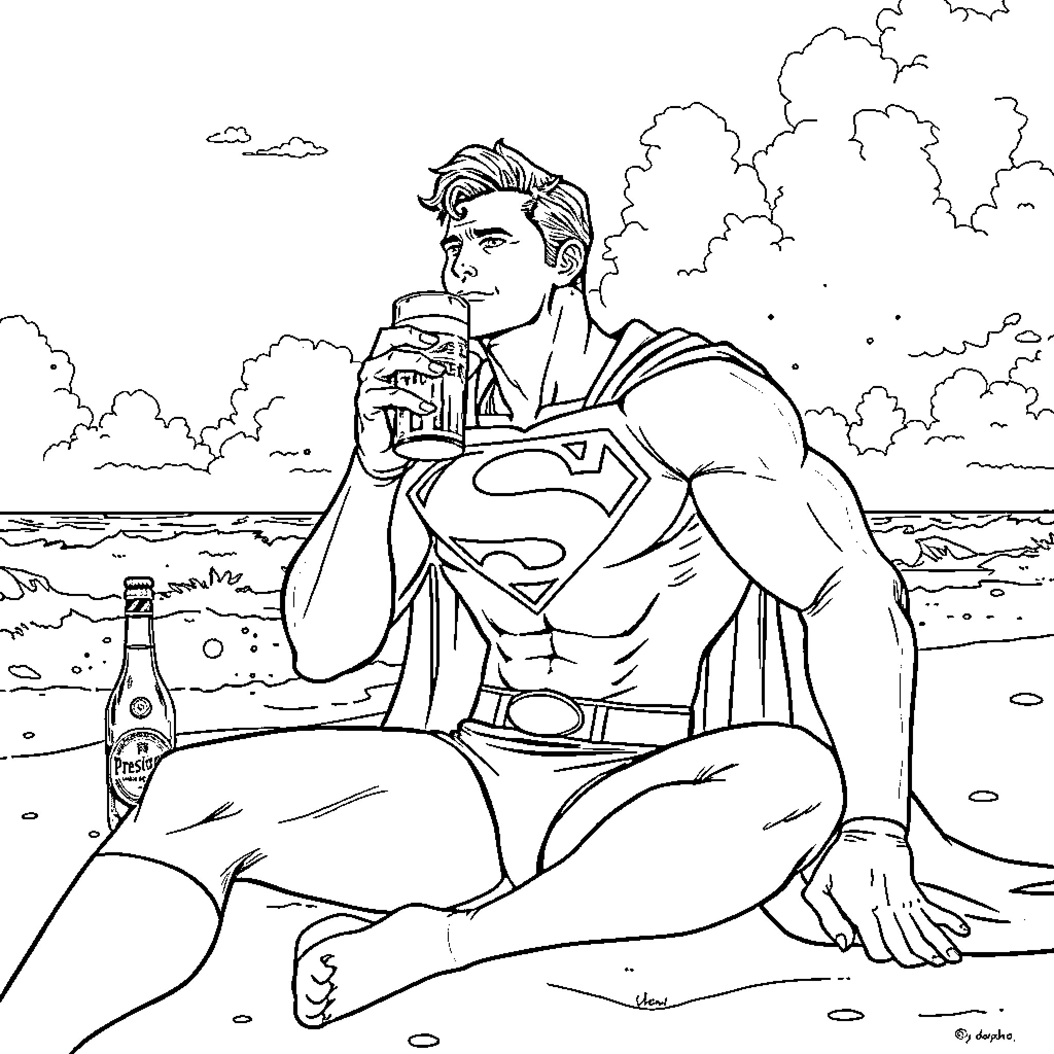 Superman relaxing on the beach with a drink Coloring Page (free black-and-white line drawing printable PDF for all, from beginners to advanced learners, including children, teens, adults, and seniors)
