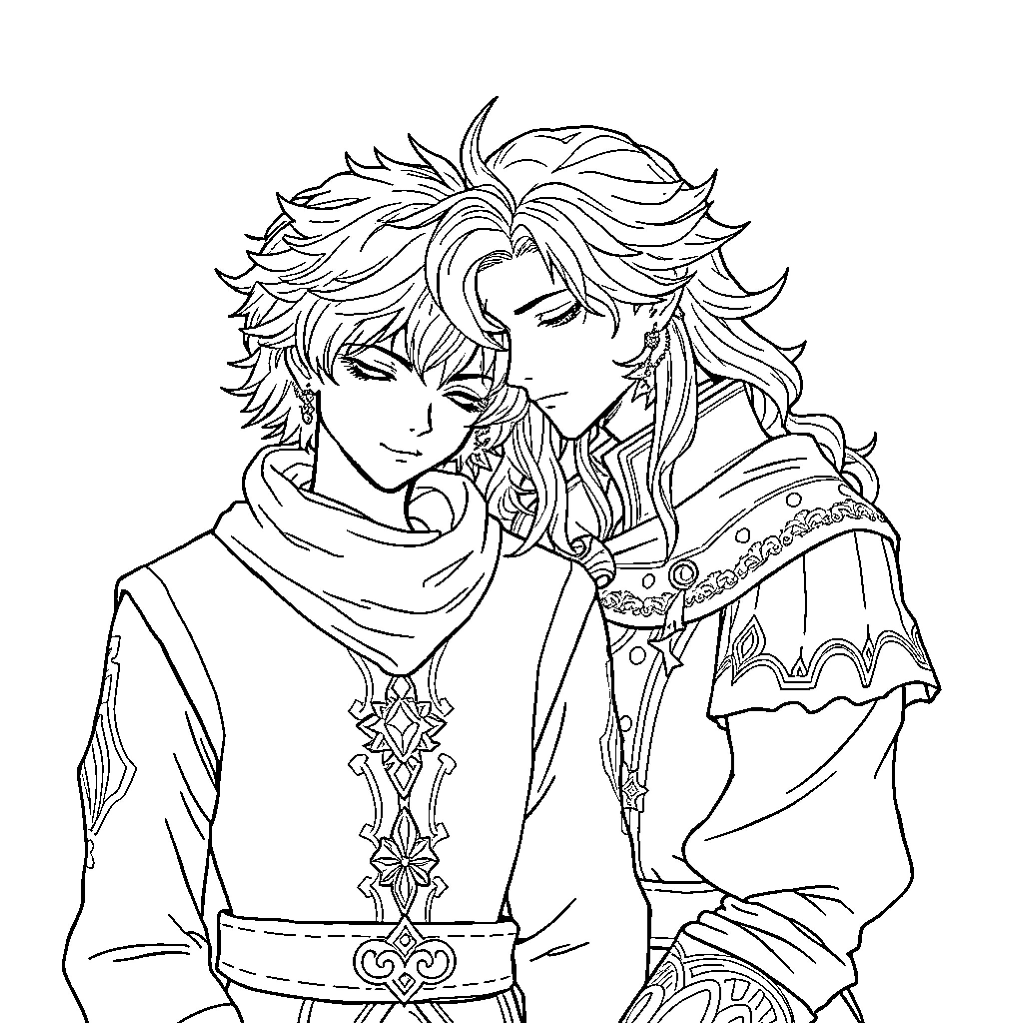 Alisaie sharing a tender moment with companion Coloring Page (free black-and-white line drawing printable PDF for all, from beginners to advanced learners, including children, teens, adults, and seniors)