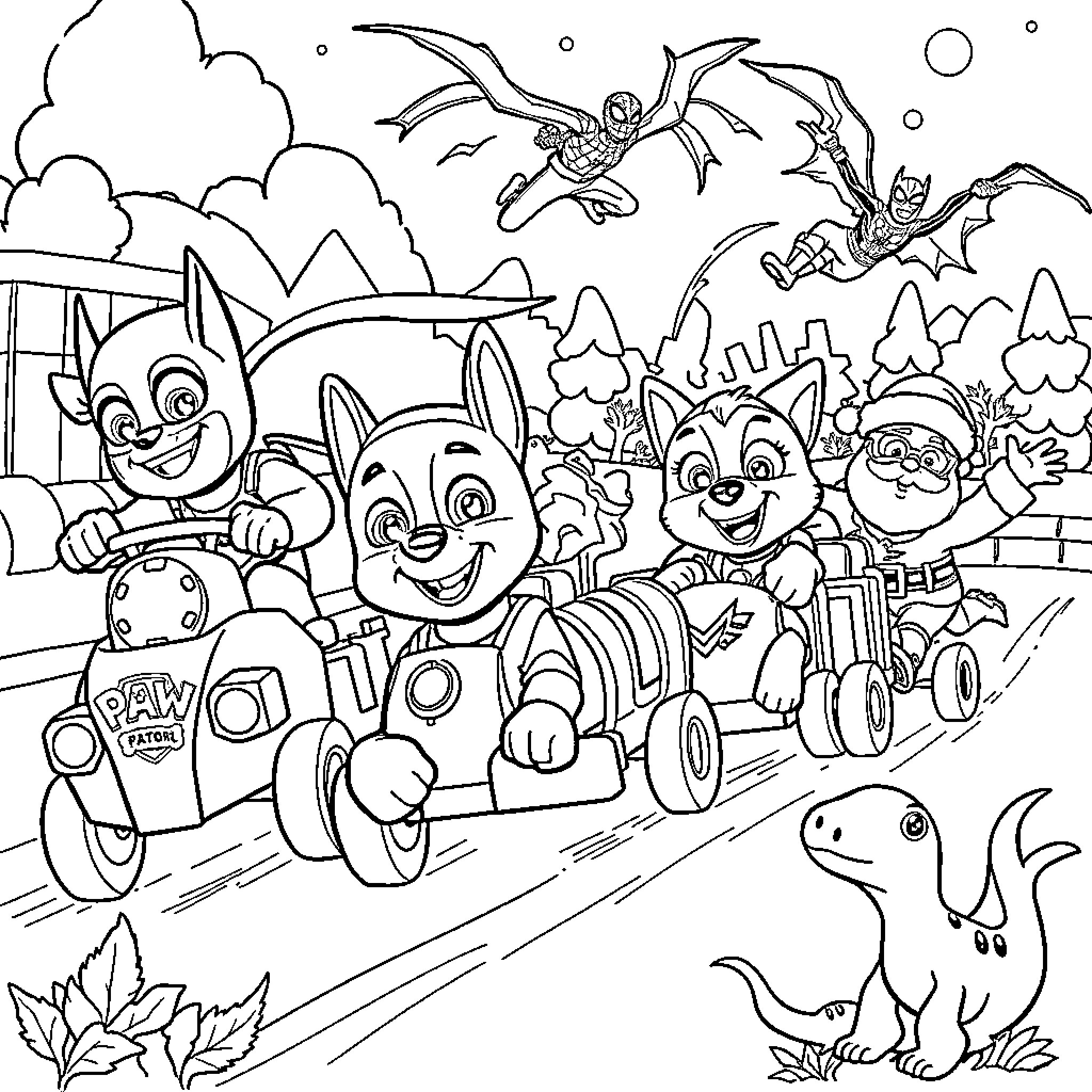 Paw Patrol Pups on an Adventure Coloring Page (free black-and-white line drawing printable PDF for all, from beginners to advanced learners, including children, teens, adults, and seniors)
