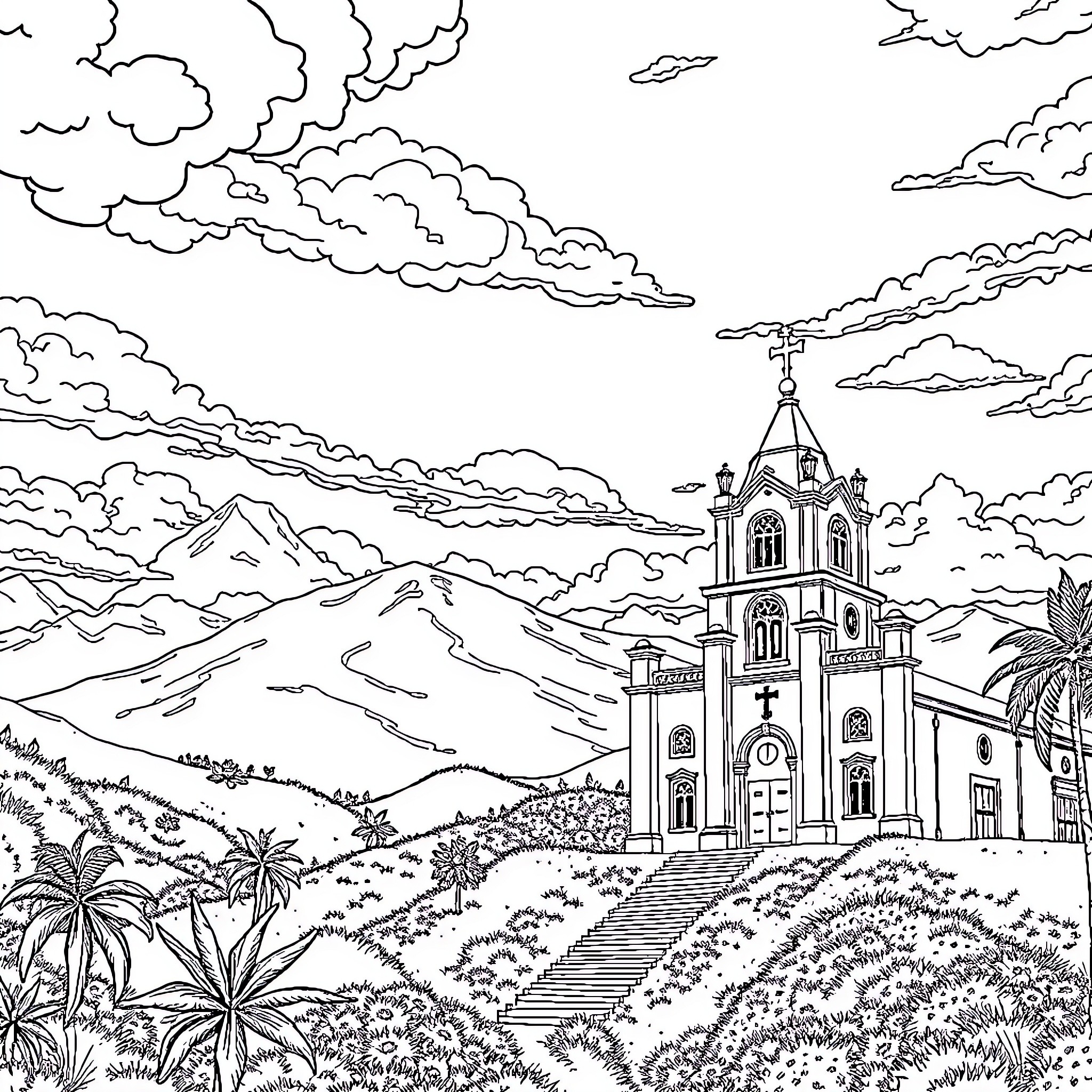 Landscape of a mountainous church with palm trees Coloring Page (free black-and-white line drawing printable PDF for all, from beginners to advanced learners, including children, teens, adults, and seniors)