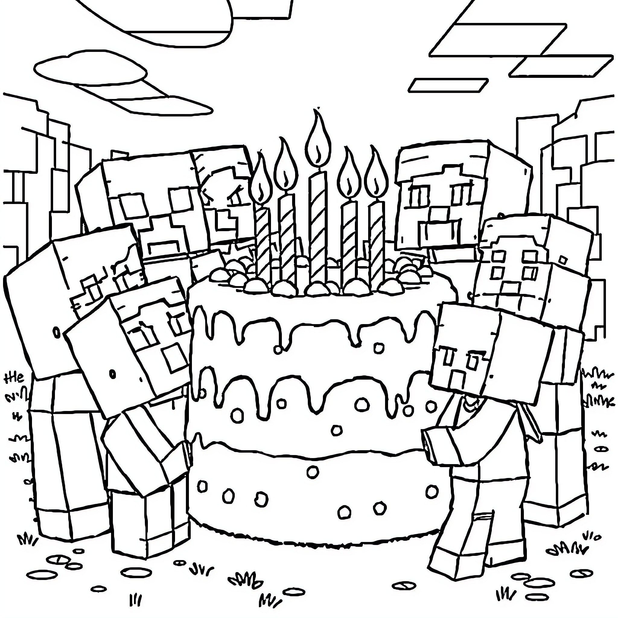 Minecraft Character Enjoying a Festive Birthday Cake Coloring Page (free black-and-white line drawing printable PDF for all, from beginners to advanced learners, including children, teens, adults, and seniors)
