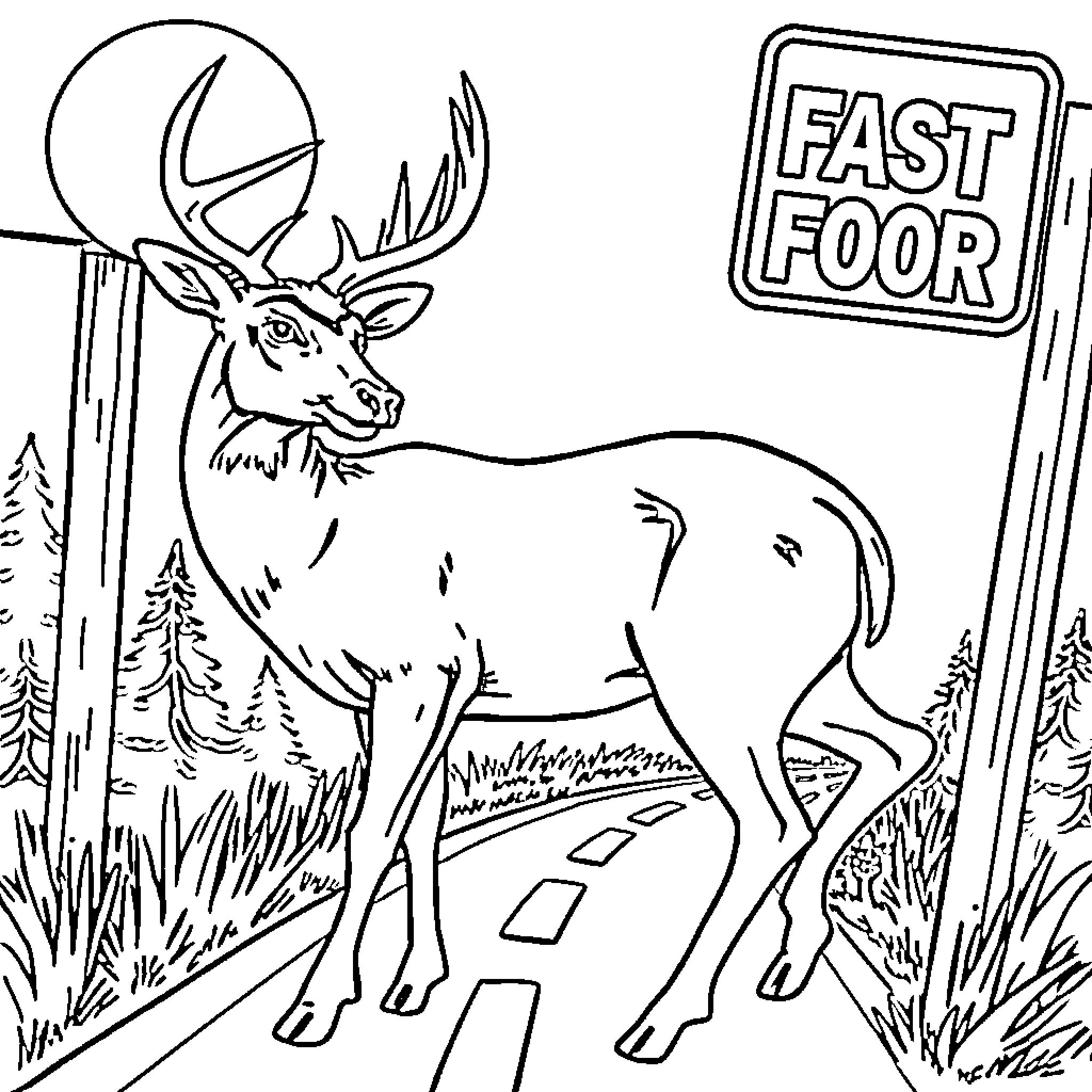 Deer on the fast floor Coloring Page (free black-and-white line drawing printable PDF for all, from beginners to advanced learners, including children, teens, adults, and seniors)