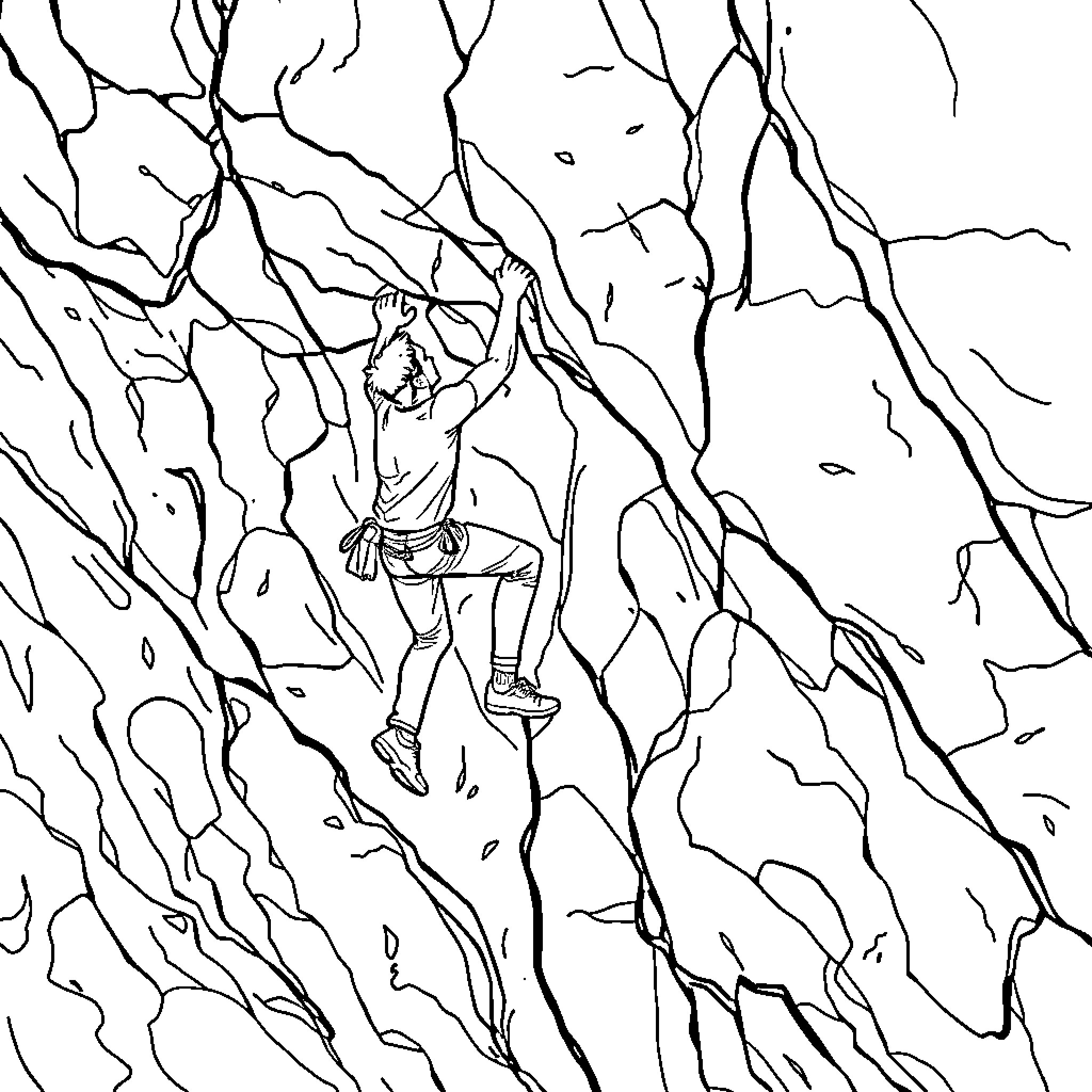 Bouldering: Climber Navigating Rugged Terrain Coloring Page (free black-and-white line drawing printable PDF for all, from beginners to advanced learners, including children, teens, adults, and seniors)