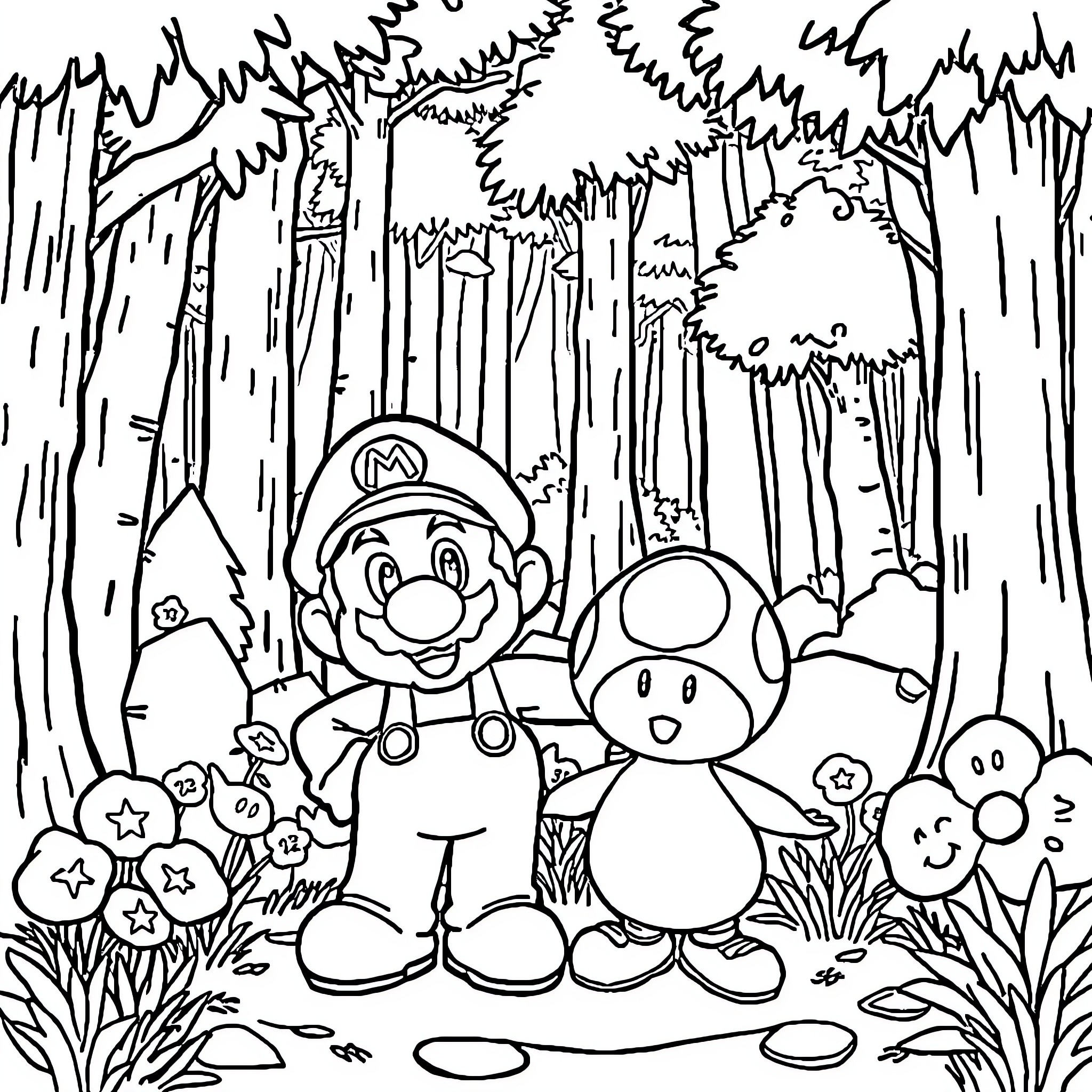 Mario and Friends Exploring the Enchanted Forest Coloring Page (free black-and-white line drawing printable PDF for all, from beginners to advanced learners, including children, teens, adults, and seniors)