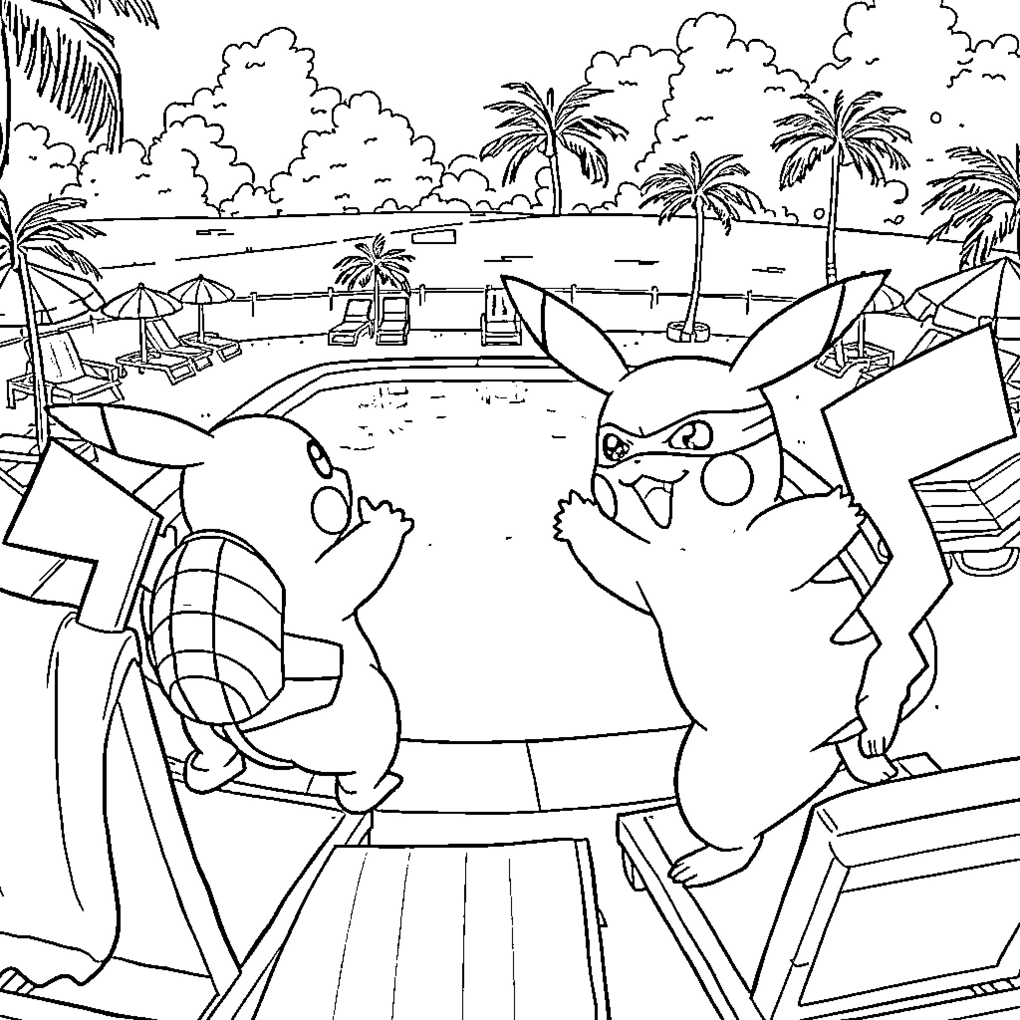 Pikachu and Pokémon friends relaxing on the beach Coloring Page (free black-and-white line drawing printable PDF for all, from beginners to advanced learners, including children, teens, adults, and seniors)
