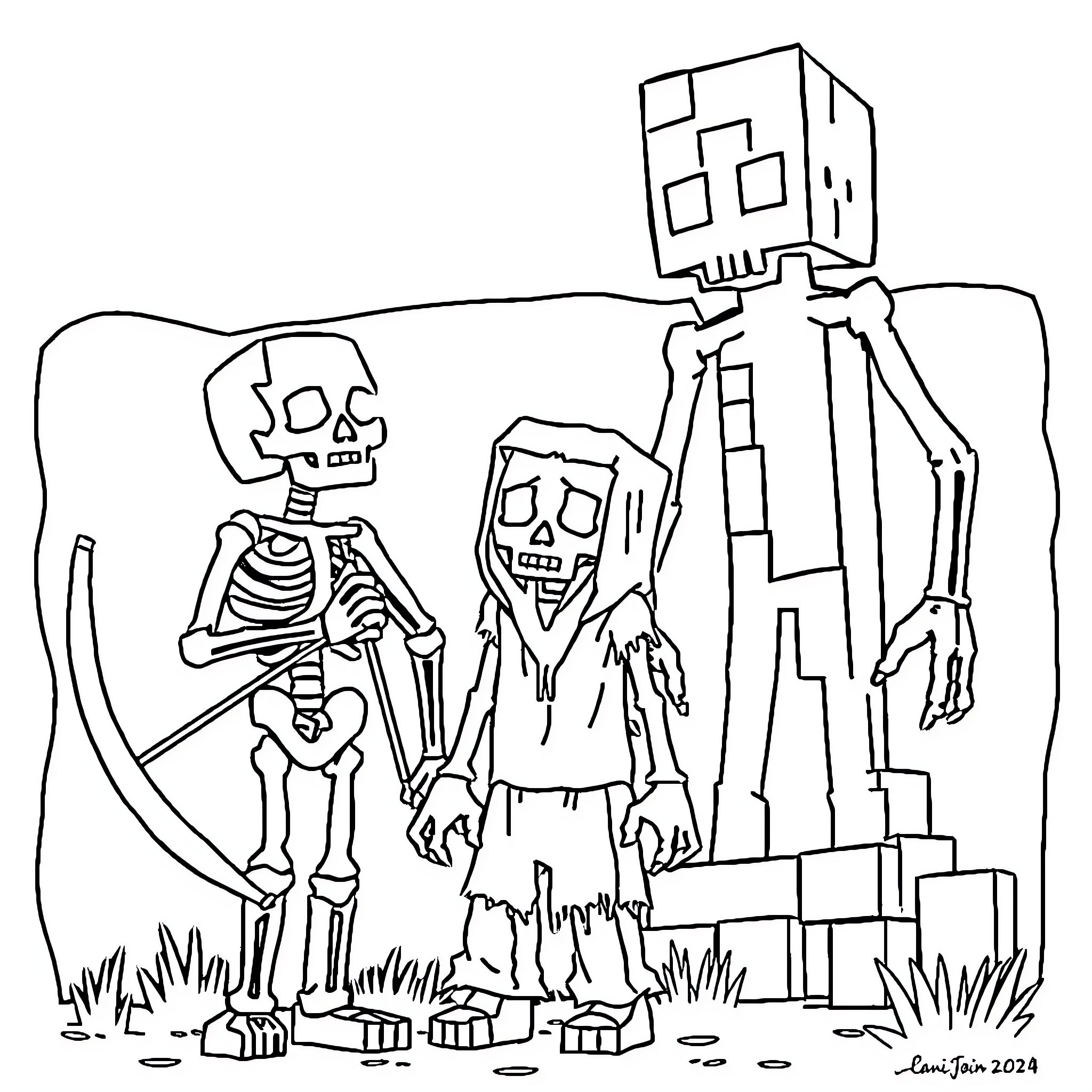Minecraft Skeletons and Zombies in Spooky Landscape Coloring Page (free black-and-white line drawing printable PDF for all, from beginners to advanced learners, including children, teens, adults, and seniors)