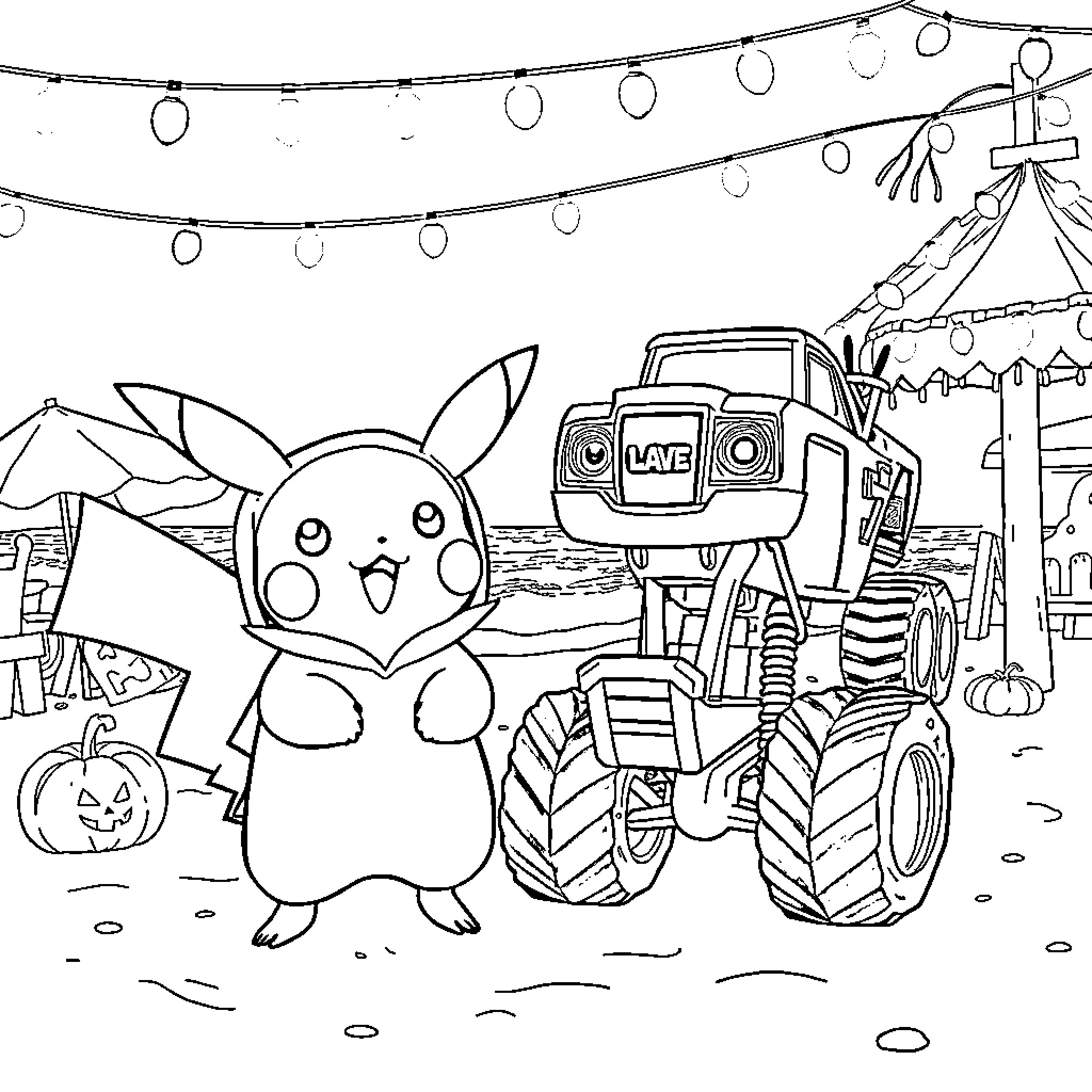 Pikachu enjoying a festive Halloween scene with monster truck Coloring Page (free black-and-white line drawing printable PDF for all, from beginners to advanced learners, including children, teens, adults, and seniors)