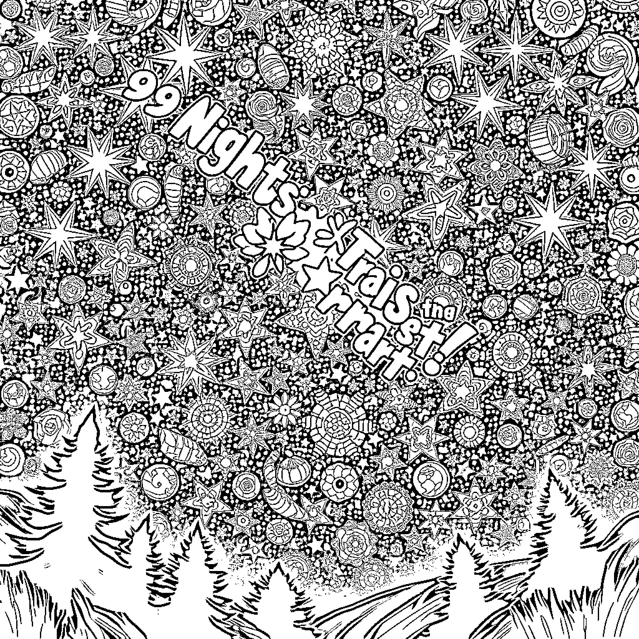 Night of Magical Wonders and Celestial Delight Coloring Page (free black-and-white line drawing printable PDF for all, from beginners to advanced learners, including children, teens, adults, and seniors)