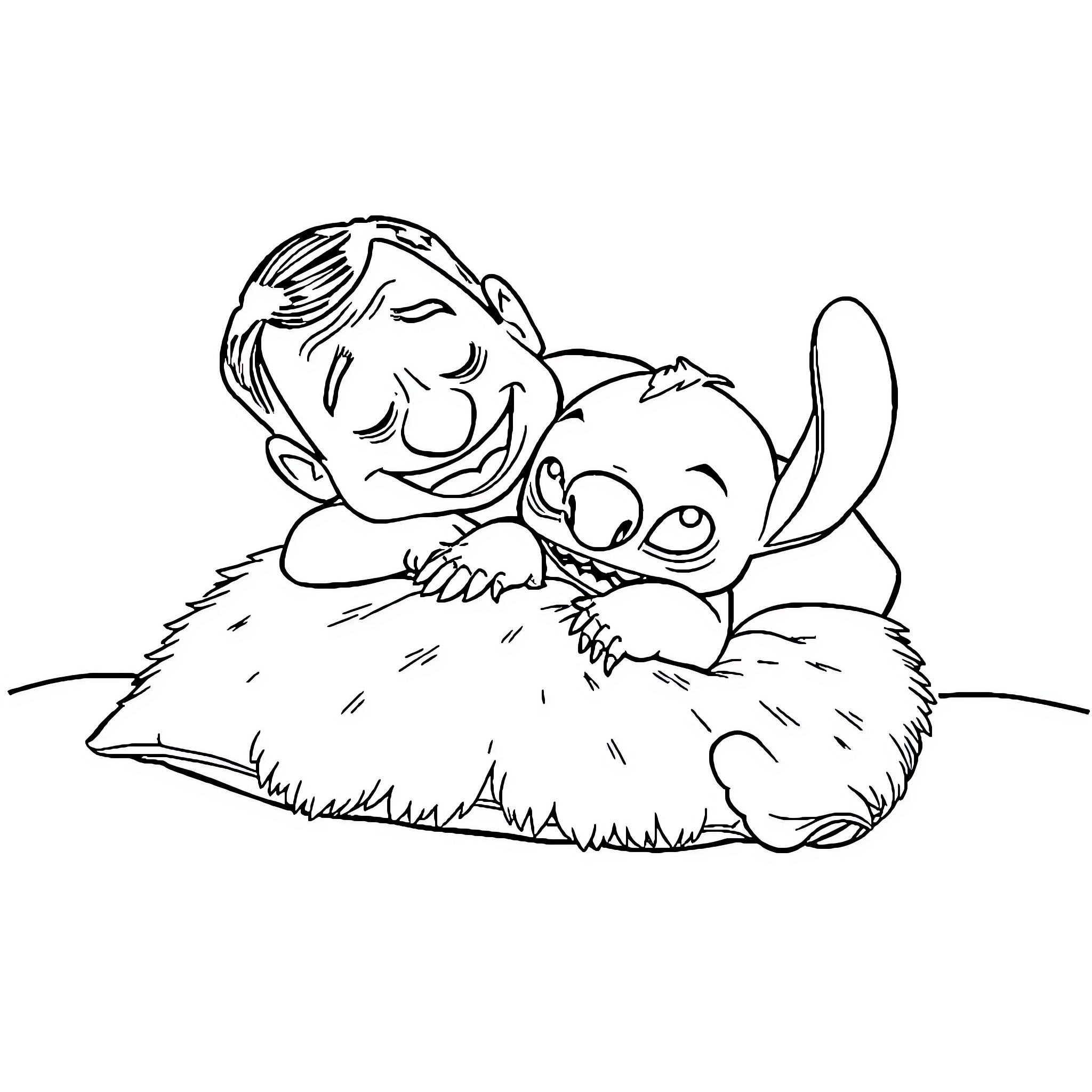 Mr Bean napping with a cute companion Coloring Page (free black-and-white line drawing printable PDF for all, from beginners to advanced learners, including children, teens, adults, and seniors)