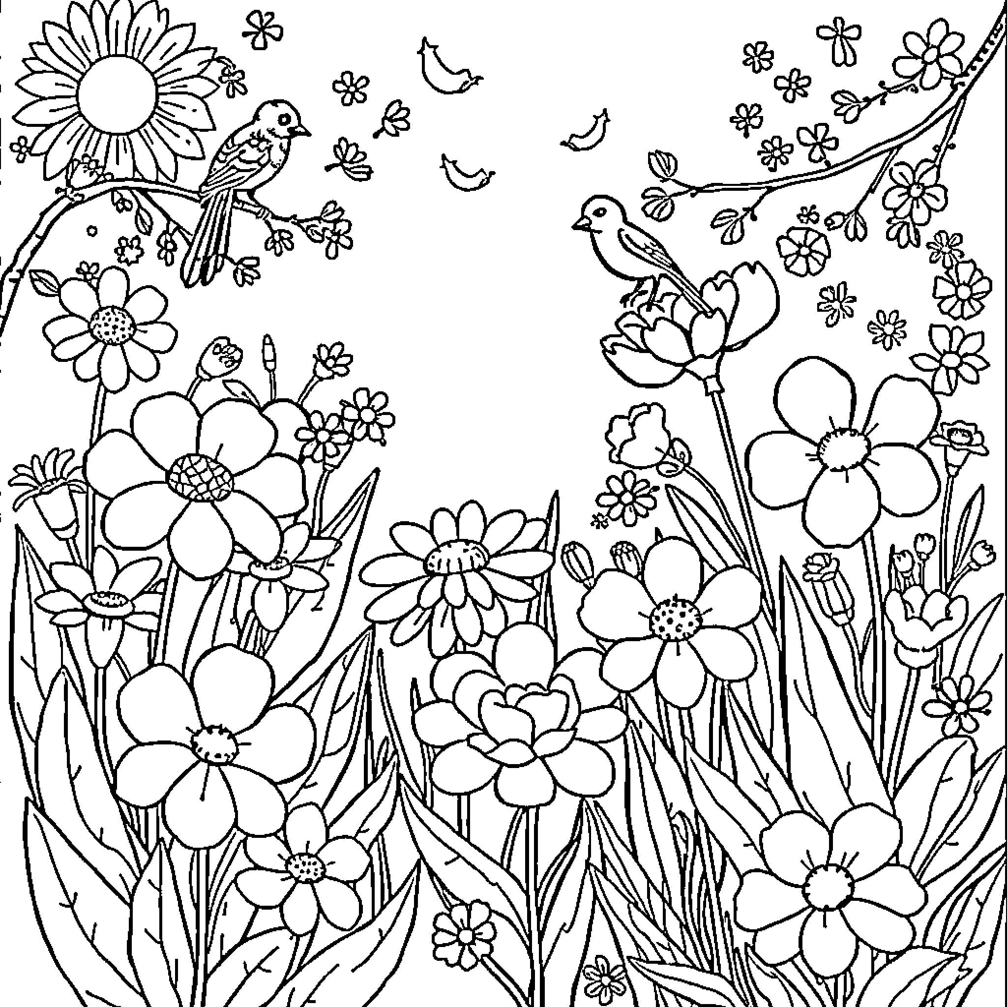 Flower garden with birds and butterflies Coloring Page (free black-and-white line drawing printable PDF for all, from beginners to advanced learners, including children, teens, adults, and seniors)