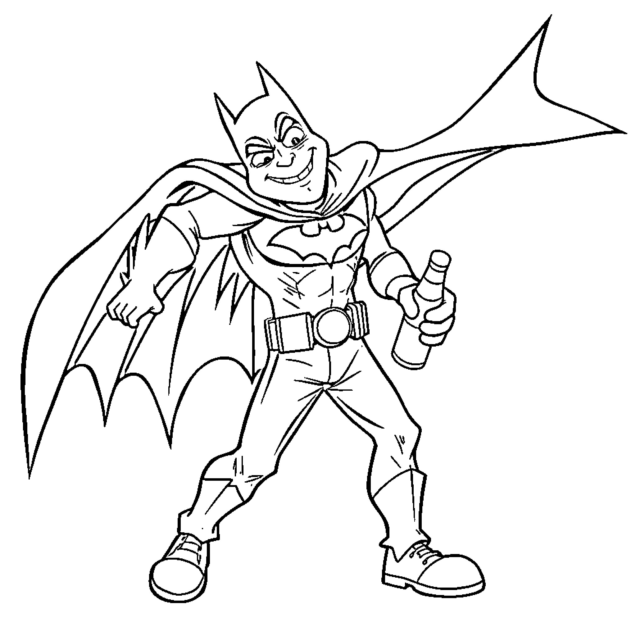 Batman in action with a cheerful expression Coloring Page (free black-and-white line drawing printable PDF for all, from beginners to advanced learners, including children, teens, adults, and seniors)