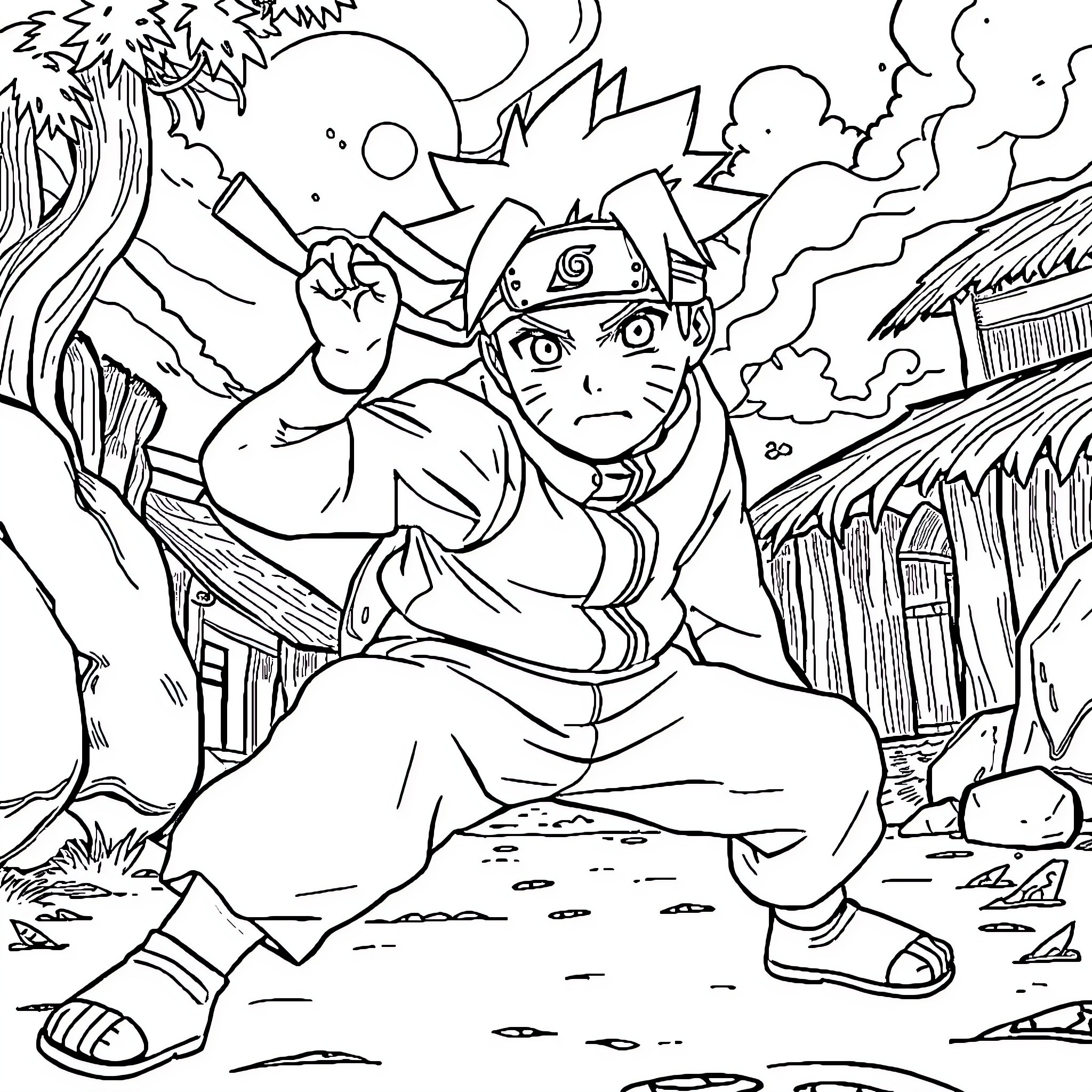 Naruto Unleashing Powerful Ninjutsu in Dramatic Landscape Coloring Page (free black-and-white line drawing printable PDF for all, from beginners to advanced learners, including children, teens, adults, and seniors)
