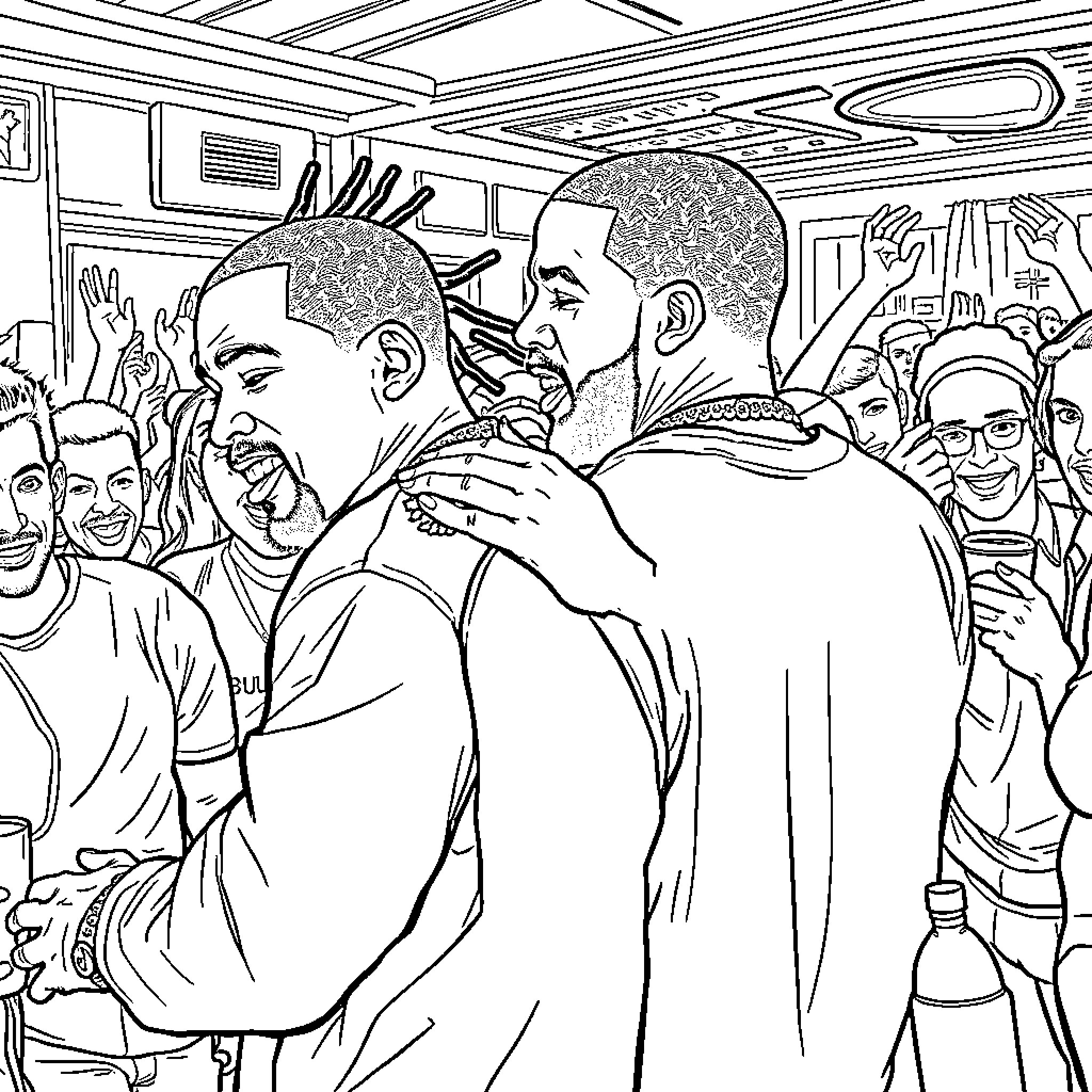 Travis Scott interacting with fans in a crowded scene Coloring Page (free black-and-white line drawing printable PDF for all, from beginners to advanced learners, including children, teens, adults, and seniors)