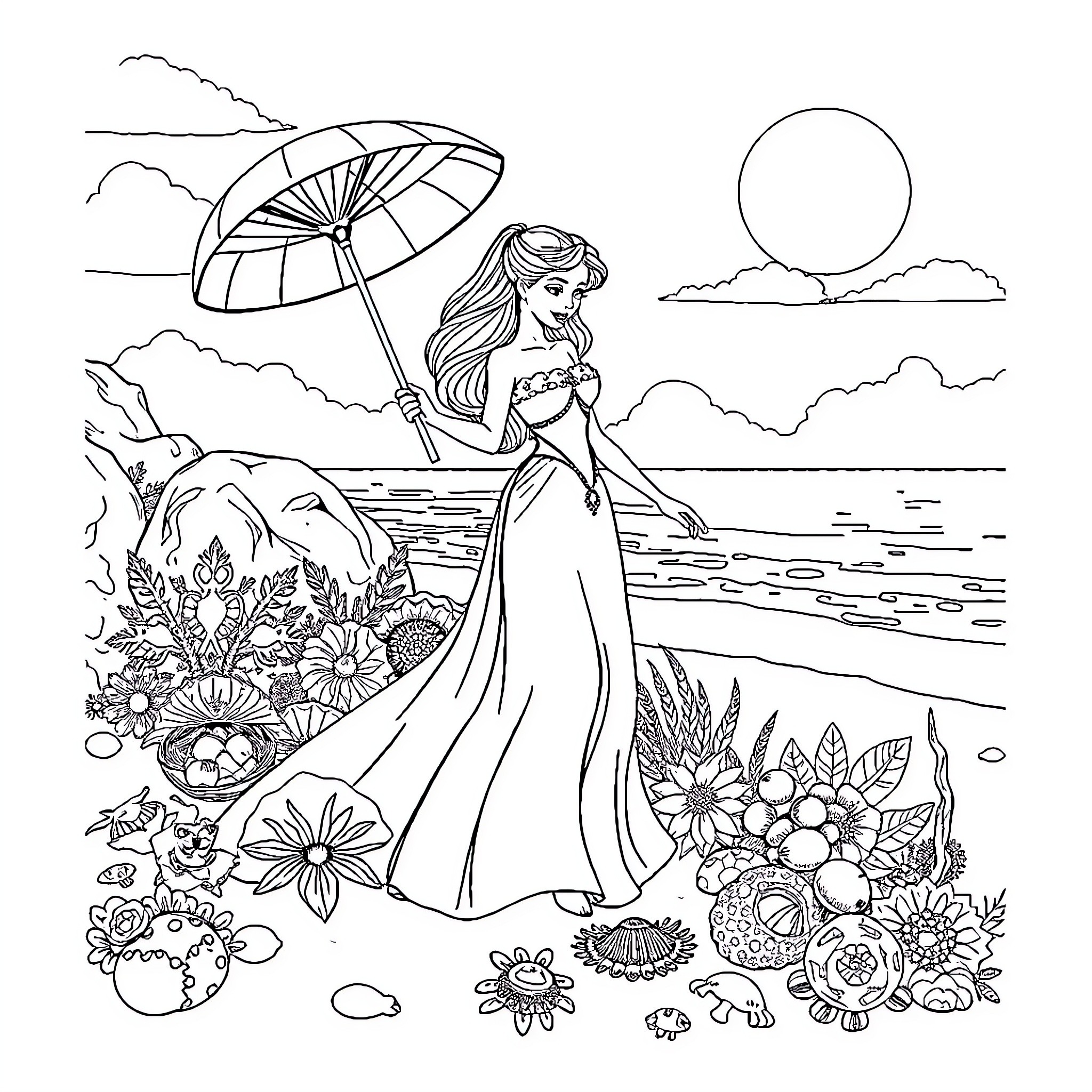 Princess Enjoying a Peaceful Seaside Stroll Coloring Page (free black-and-white line drawing printable PDF for all, from beginners to advanced learners, including children, teens, adults, and seniors)