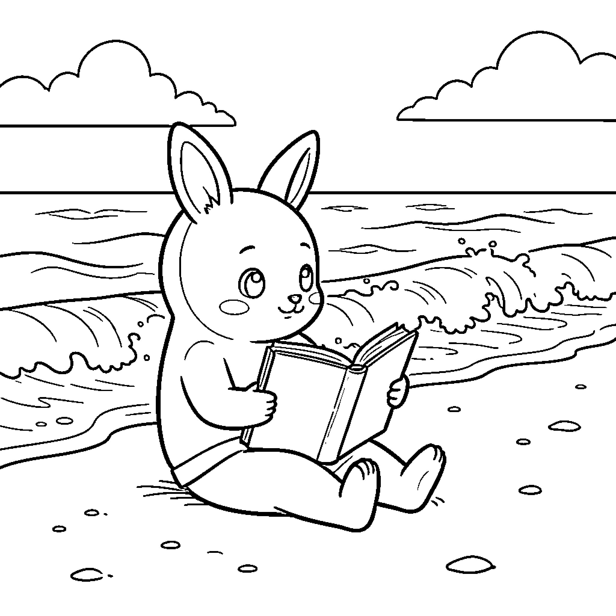 Tchoupi the bunny reading a book on the beach Coloring Page (free black-and-white line drawing printable PDF for all, from beginners to advanced learners, including children, teens, adults, and seniors)