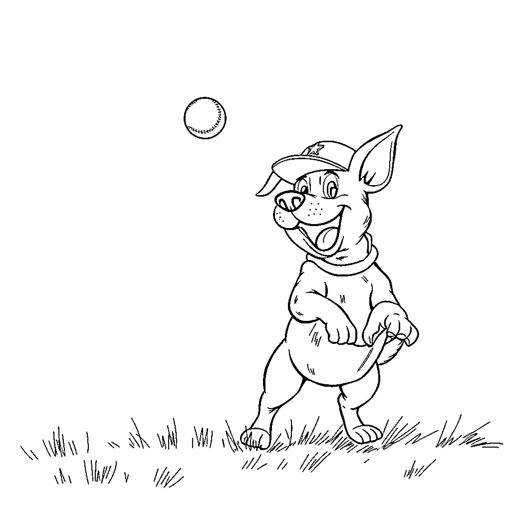 Dog catching a ball happily in the park Coloring Page (free black-and-white line drawing printable PDF for all, from beginners to advanced learners, including children, teens, adults, and seniors)