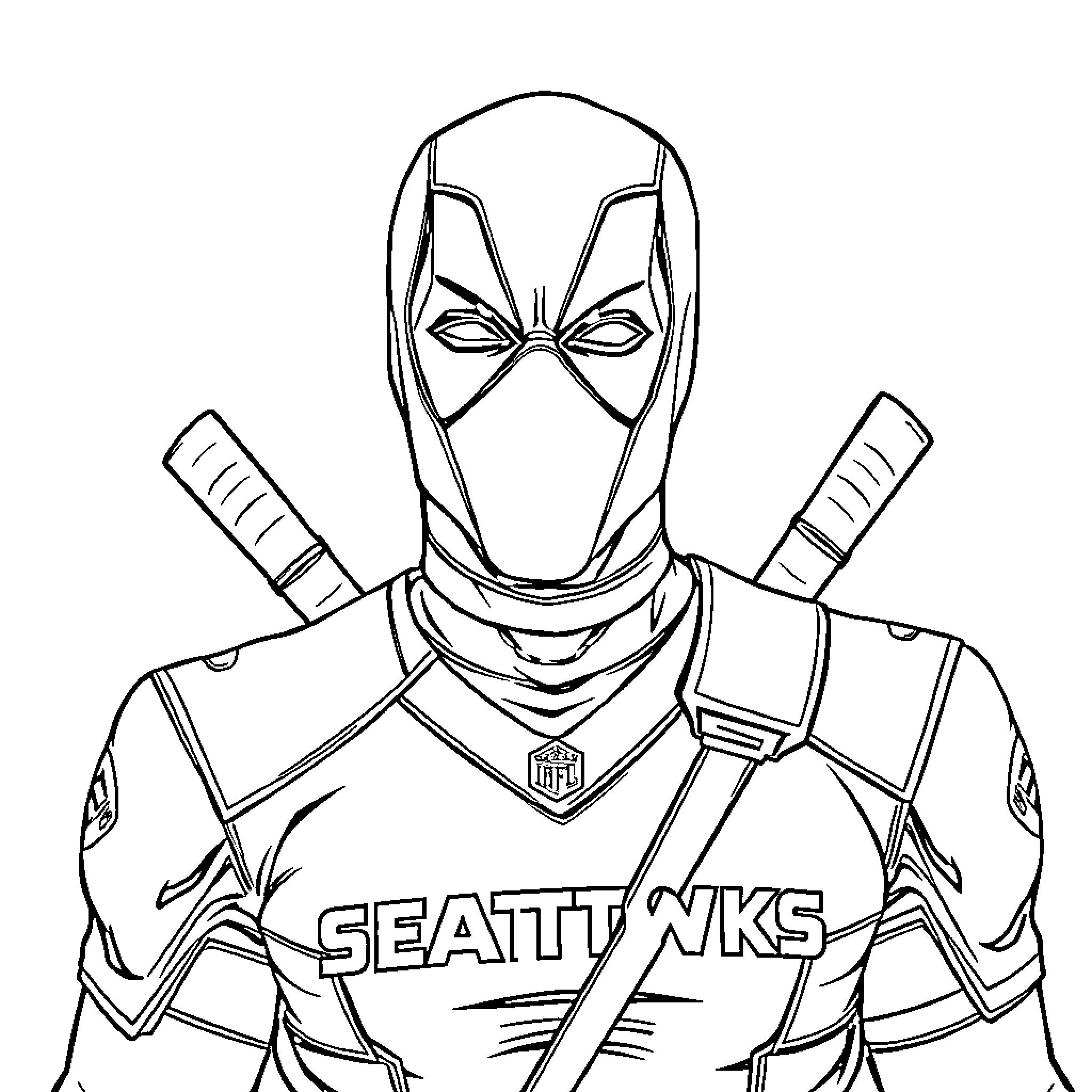 Deadpool's Heroic Gear and Seattle Inspiration Coloring Page (free black-and-white line drawing printable PDF for all, from beginners to advanced learners, including children, teens, adults, and seniors)