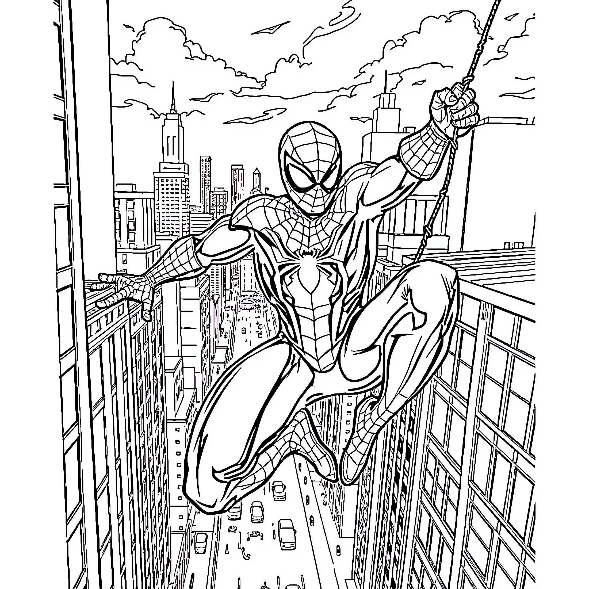 Spider-Man swinging through the city skyline Coloring Page (free black-and-white line drawing printable PDF for all, from beginners to advanced learners, including children, teens, adults, and seniors)